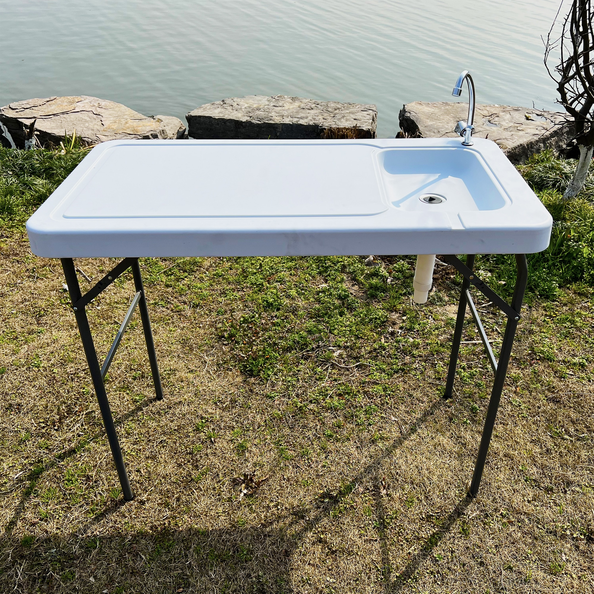 HONEY JOY Folding White Metal Camping Table Portable Fish Cleaning