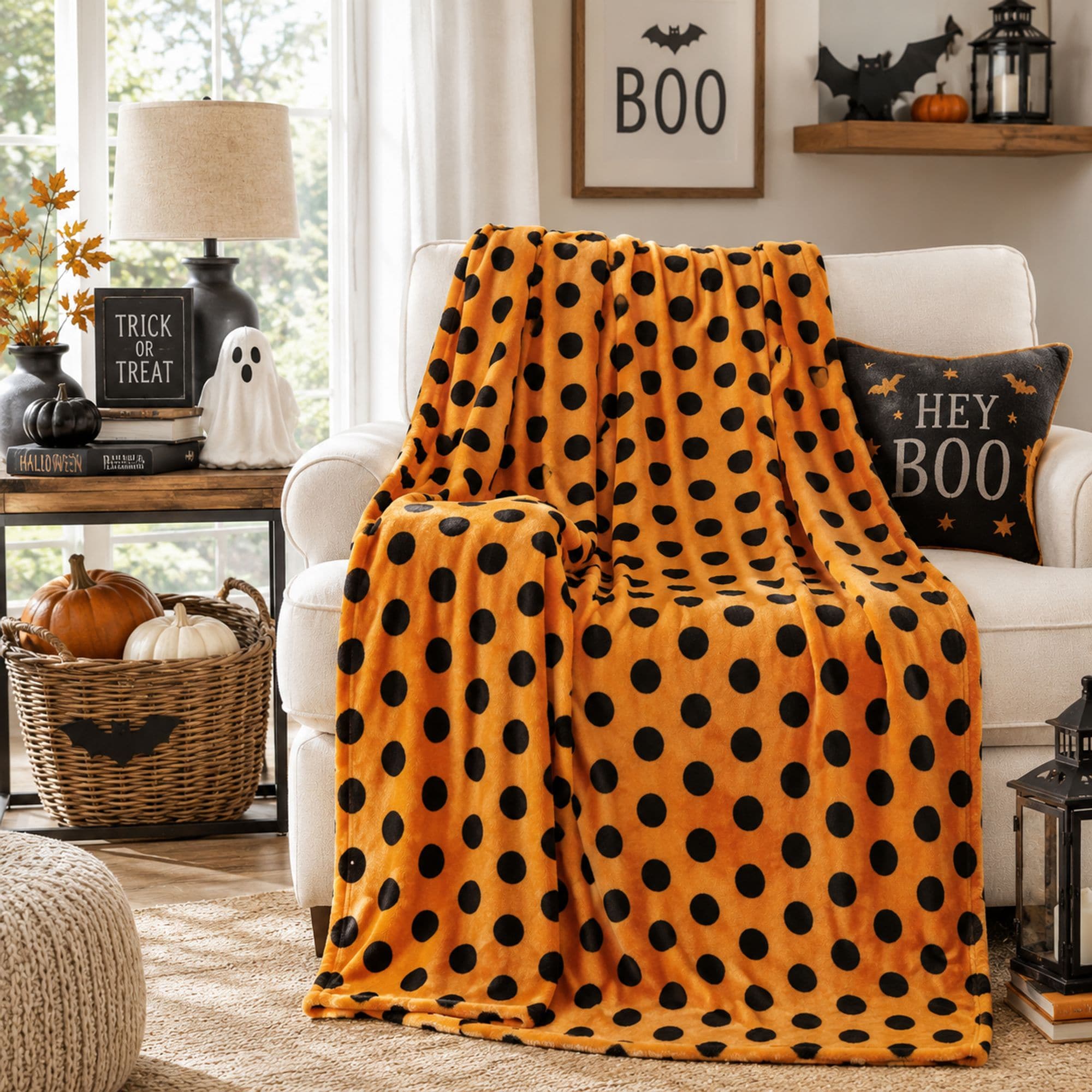 KATE AURORA Living Halloween Spooky Polka Dots Orange and Black Ultra Soft and Plush Throw Blankets