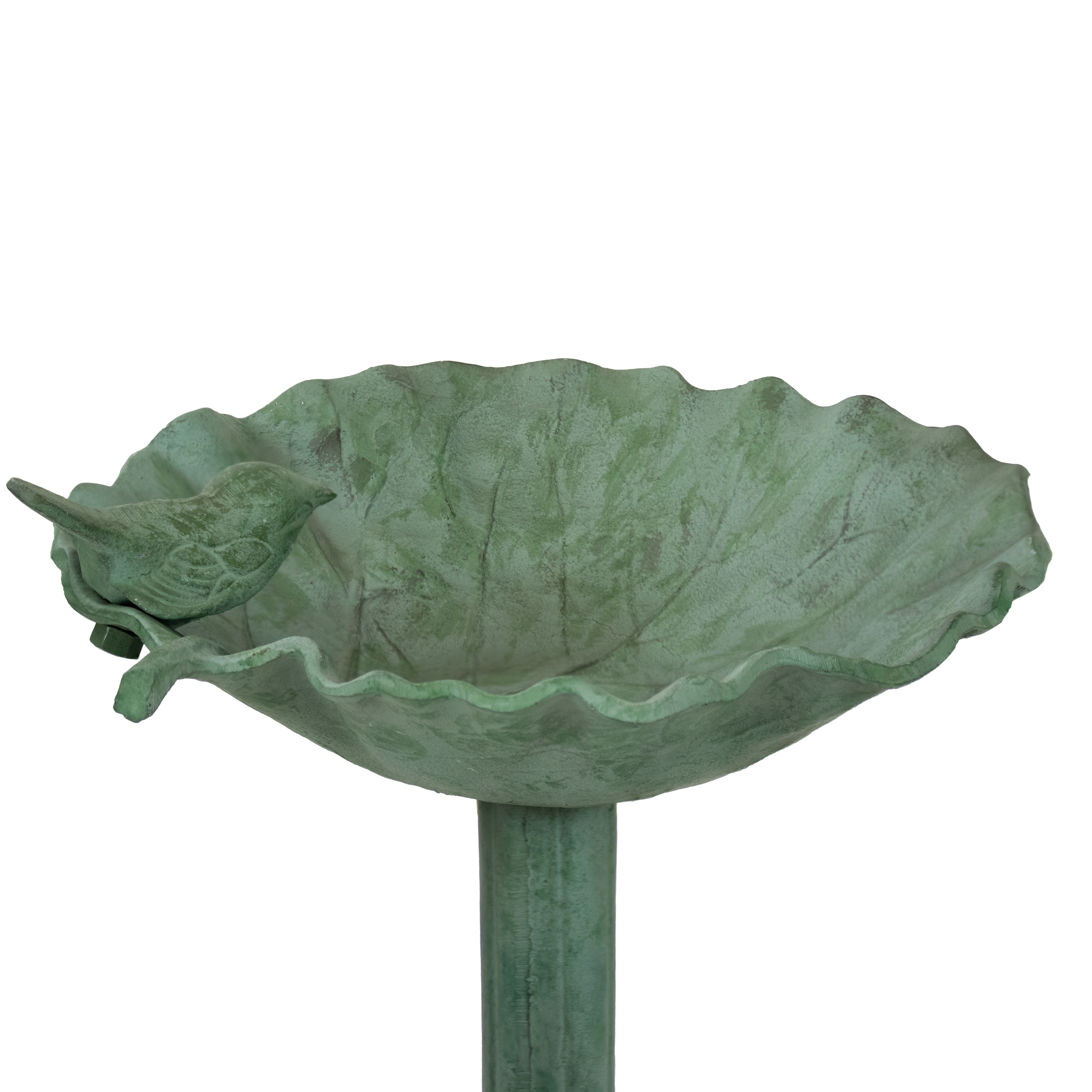 Green Patina Cast Aluminum Leaf Bird Bath with Metal Sculpture