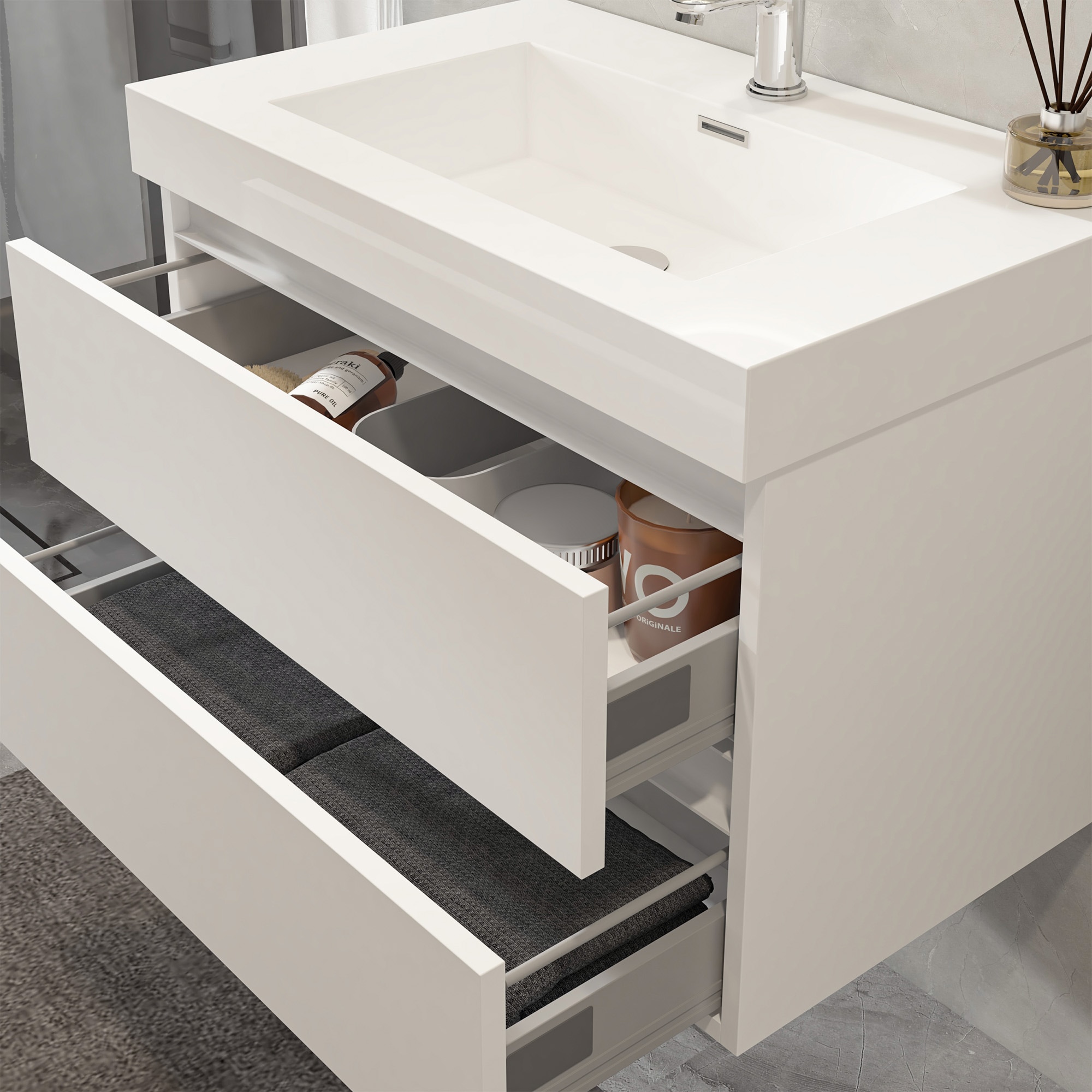 Glossy White Wall-Mount Single Sink Bathroom Vanity with Resin Top