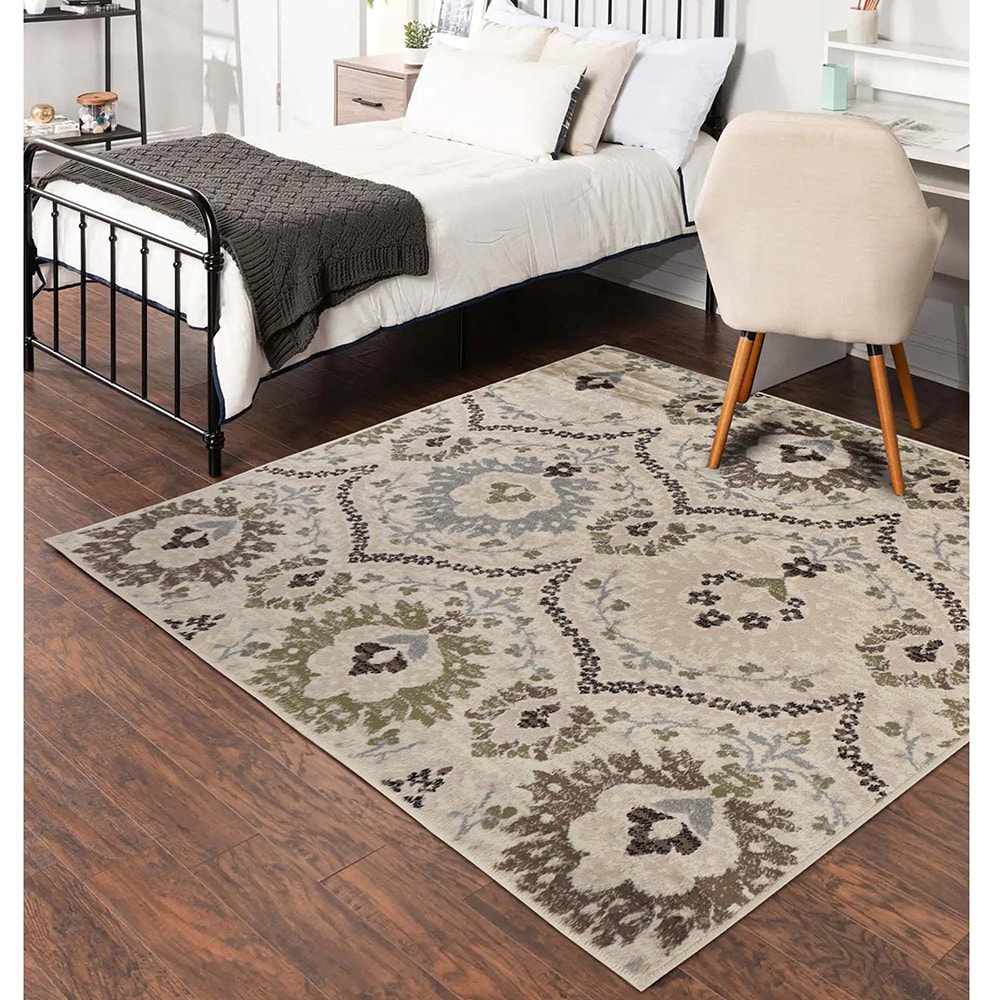 Ivory and Multicolor Floral Synthetic Square Area Rug