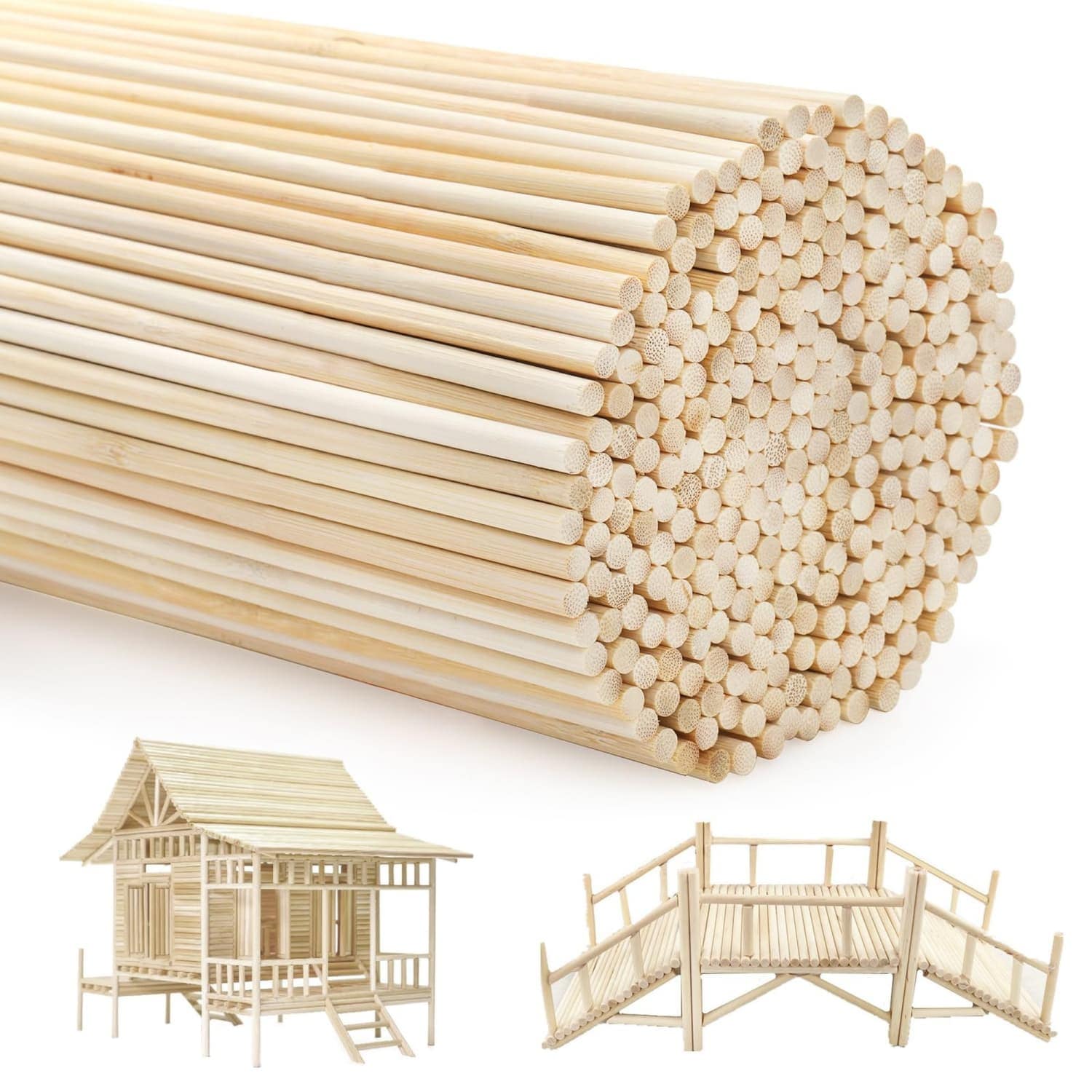 OGETFUUR 300-Pack 0.25-in dia x 14-in L Round Unfinished Natural Bamboo Dowel Rods for Wood Crafts Home Decor