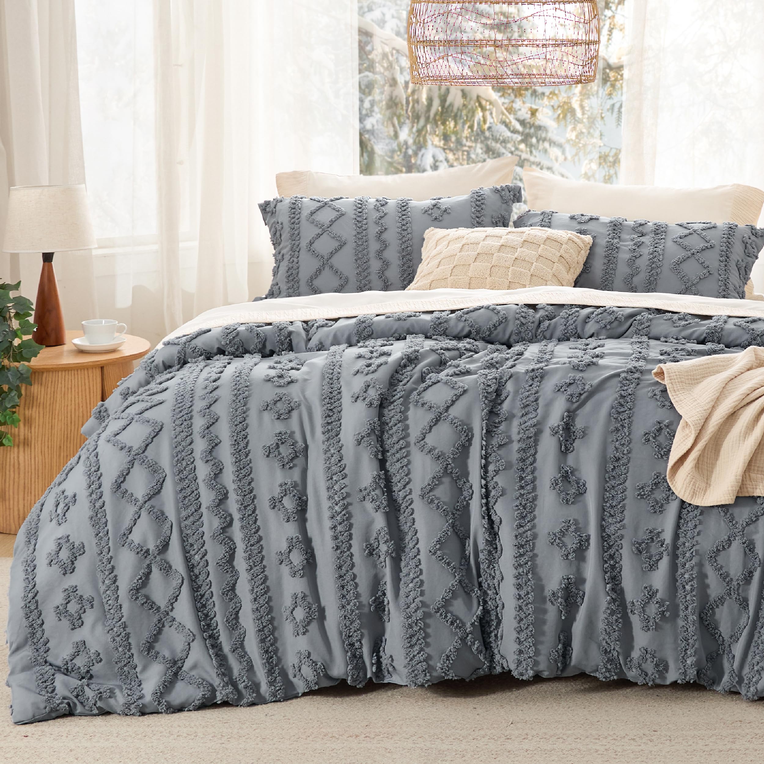 Bedsure - 90x90 Queen 3-Piece Grey Embroidery Comforter Set