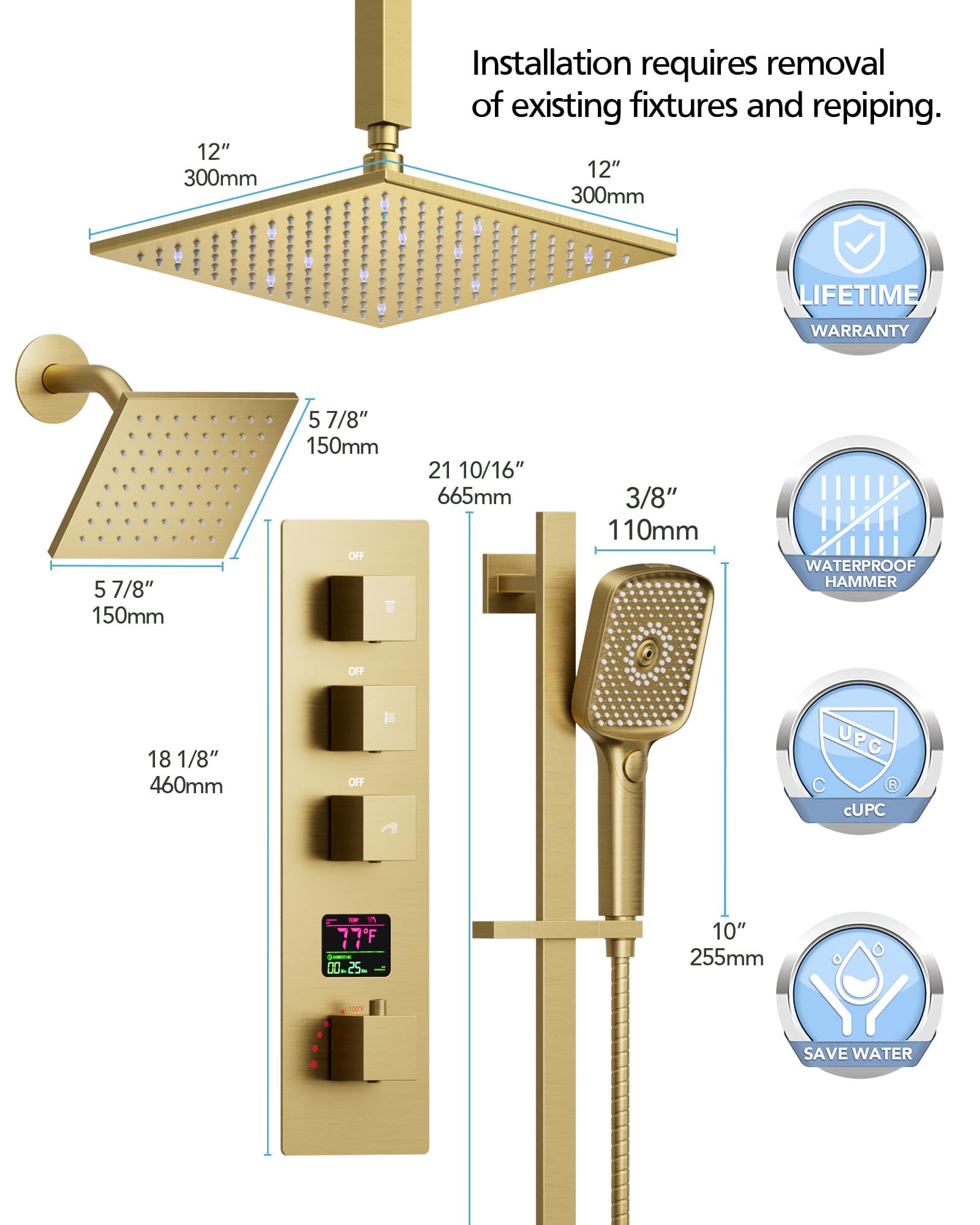 EVERSTEIN SFS-1071-GD12 Showerhead-Bar-Panels - View #12