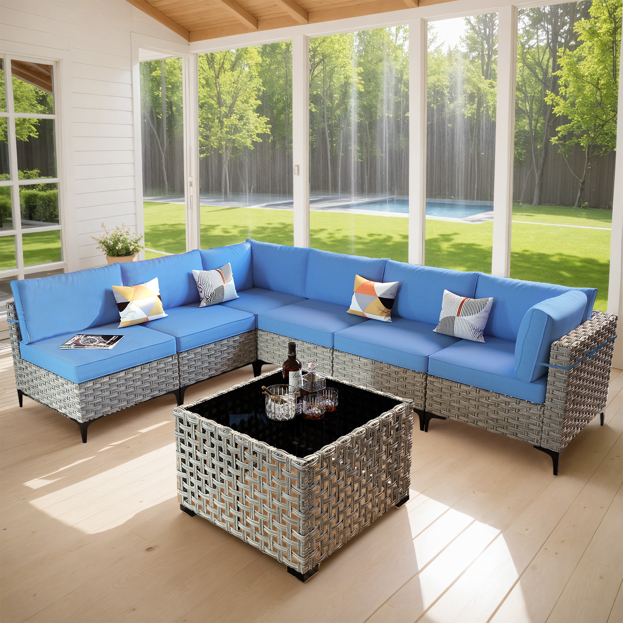Pouuin SKT507 Wicker Outdoor Sectional with Blue Cushions and Wicker Frame