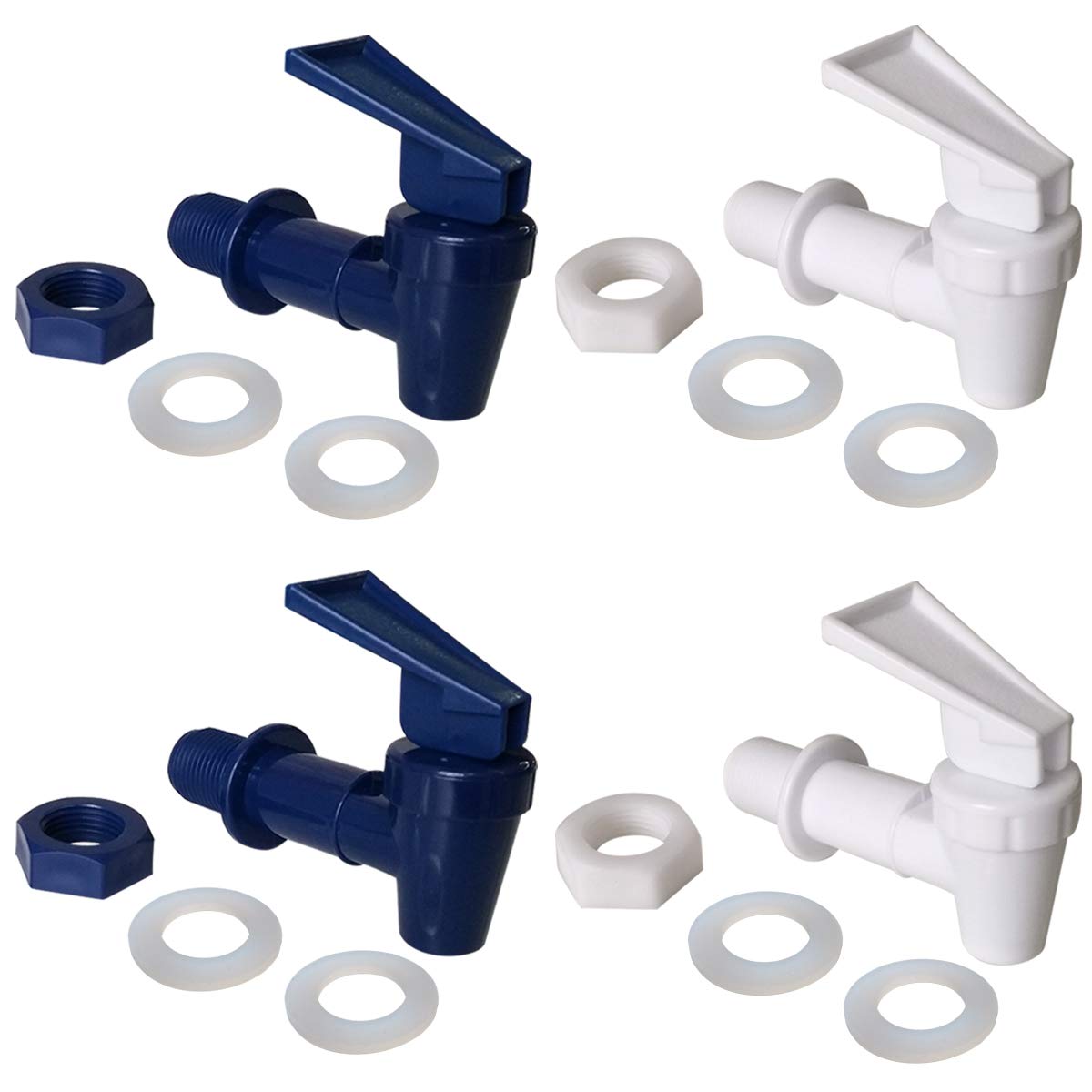 Aoibox  White and Blue Plastic Cooler Faucet Spigot Taps with Washers and Nuts for 3 4 in Holes 4 Pack Replacement