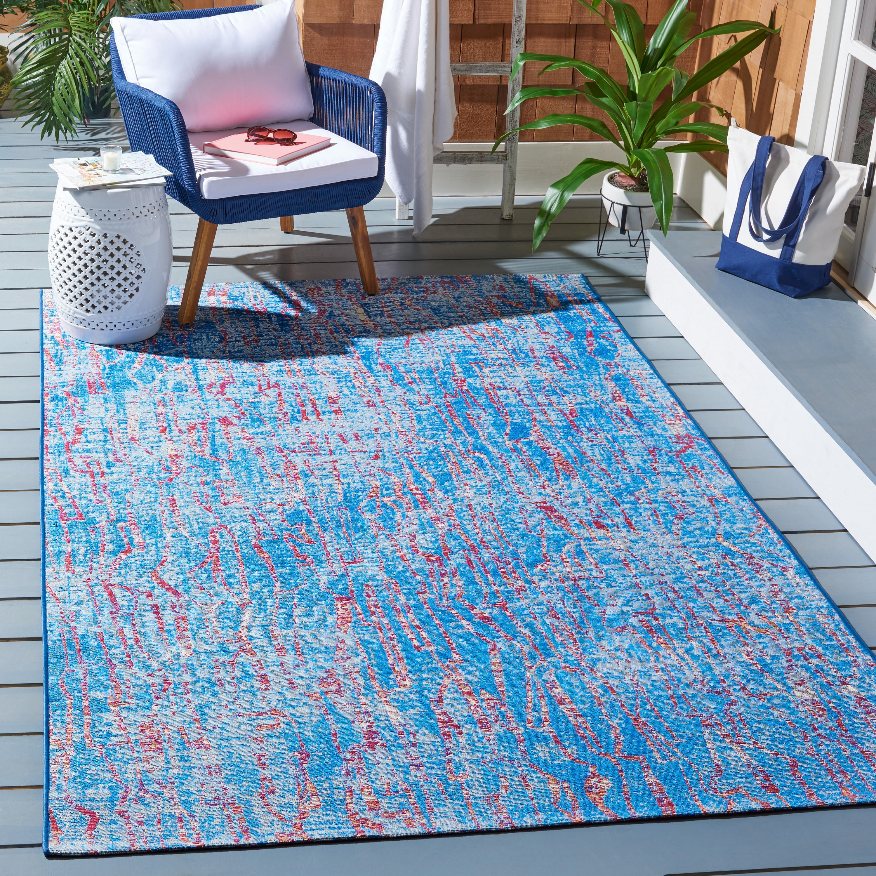 Blue and Red Abstract Synthetic Rectangular 8' x 10' Area Rug