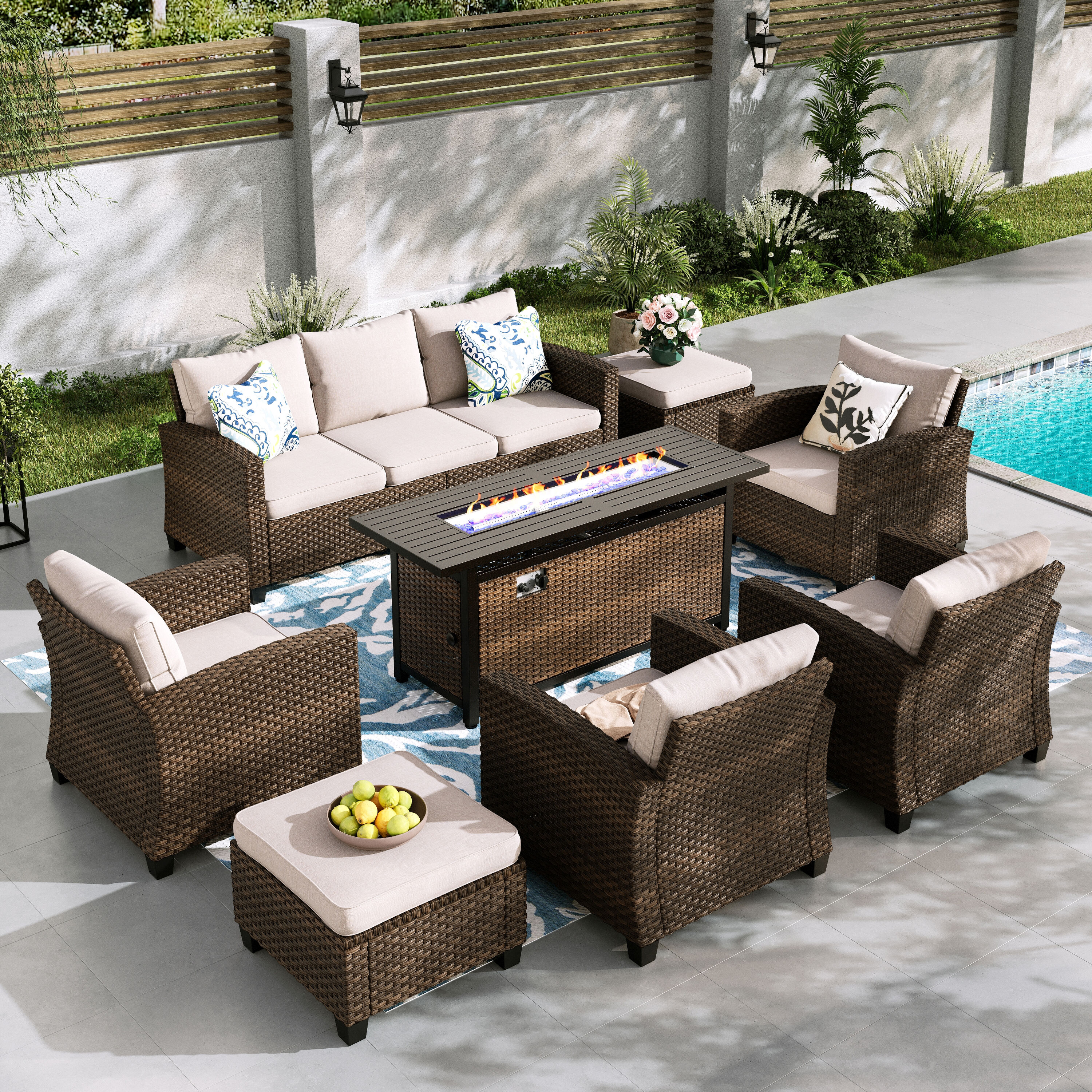 Sunshine Valley CR007-07-9-BE-GS103 Patio Furniture Set with Fire Pit 8 -Piece Wicker Patio Sofa Conversation Set with Tan CUSHION PRO Cushions