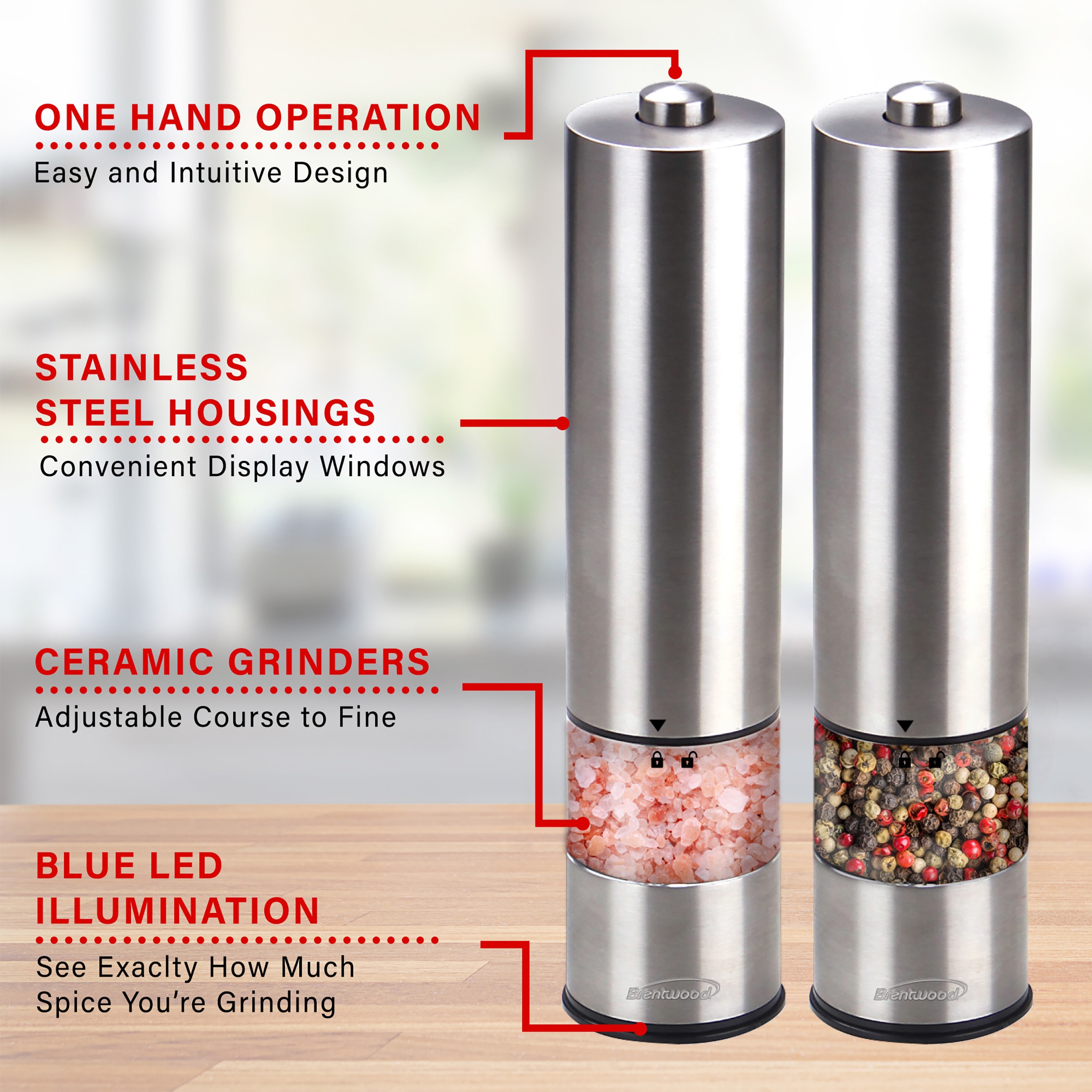 Kalorik Rechargeable Gravity Salt and Pepper Grinder Set - Copper, Adjustable Grind, Electric Mills, Stainless Steel Housing