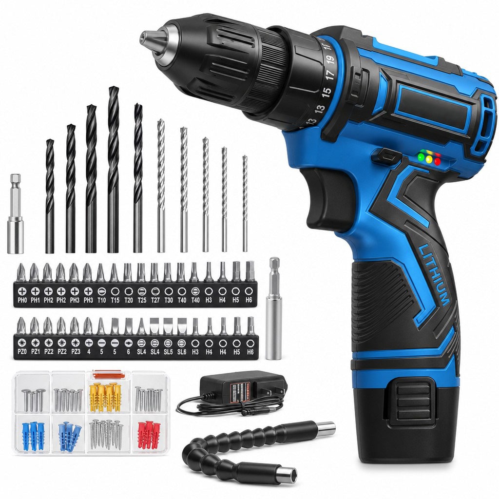 OGETFUUR 12V Cordless Drill Set Power Drill Driver with 0.375in Keyless Chuck and 92 Accessories Built in LED Light 25 plus 1 Position for Home DIY Projects