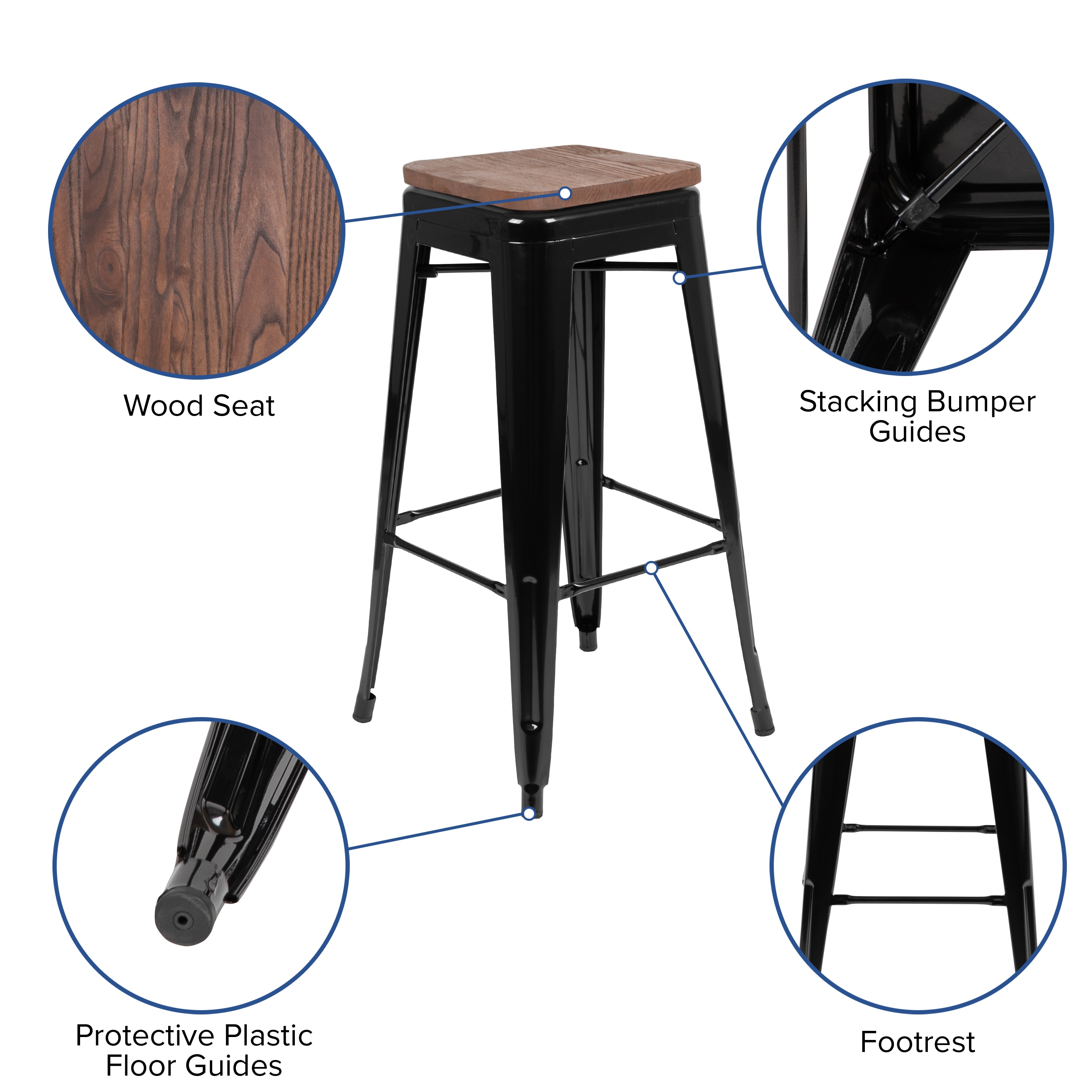 Industrial Chic 30" Stackable Black Metal and Wood Bar Stool, Set of 4