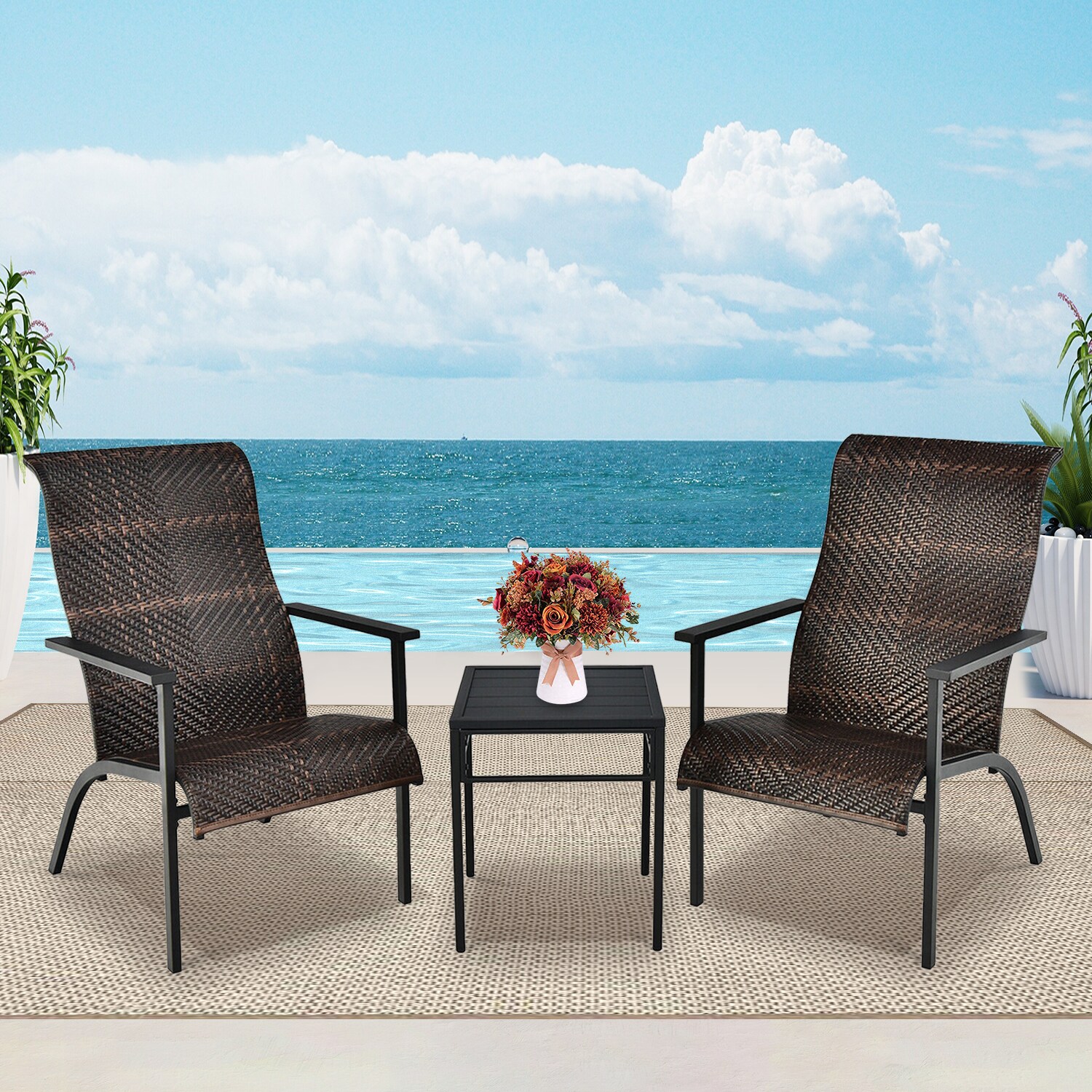 Brown PE Rattan and Steel 3-Piece Outdoor Bistro Set