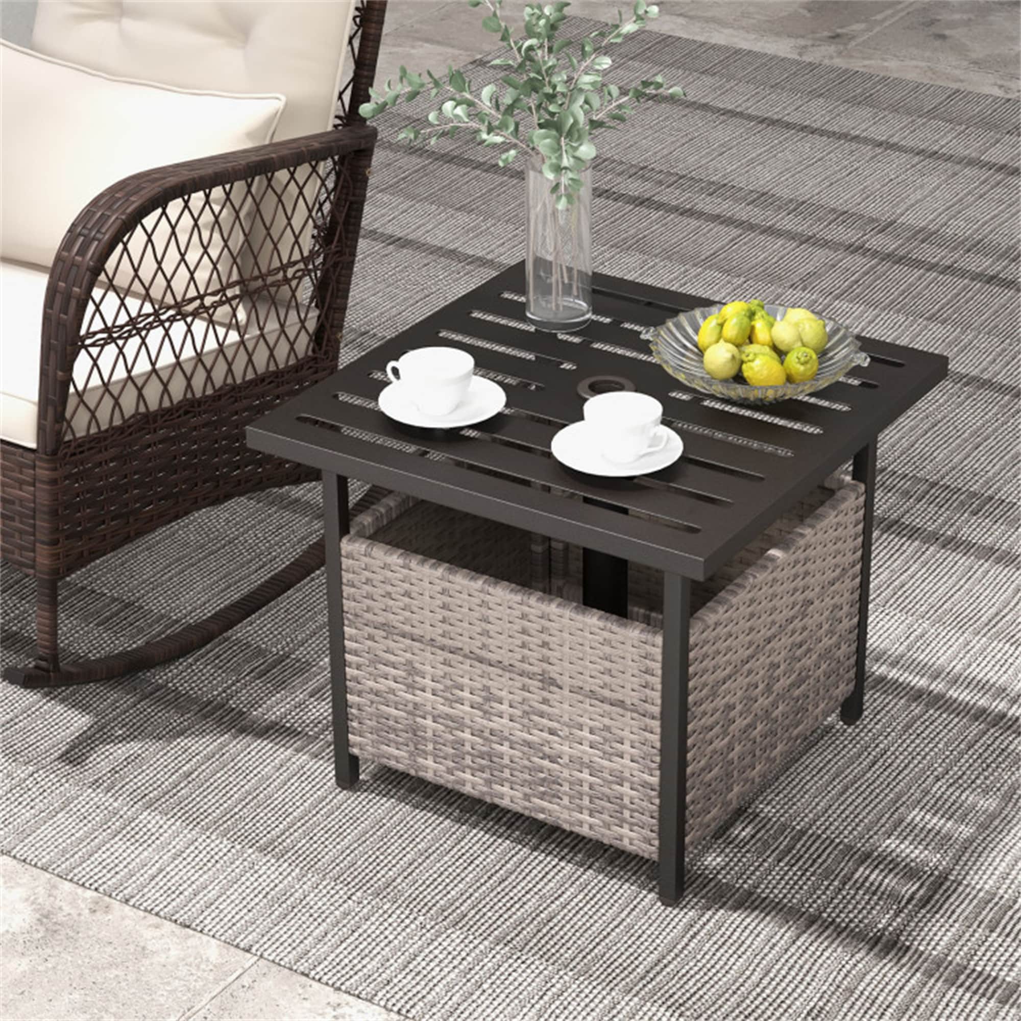 BABOOM BOM-66109GR-CO Patio Side Deck Table Square Rattan Outdoor Coffee 22-in W x 22-in L with Umbrella Hole