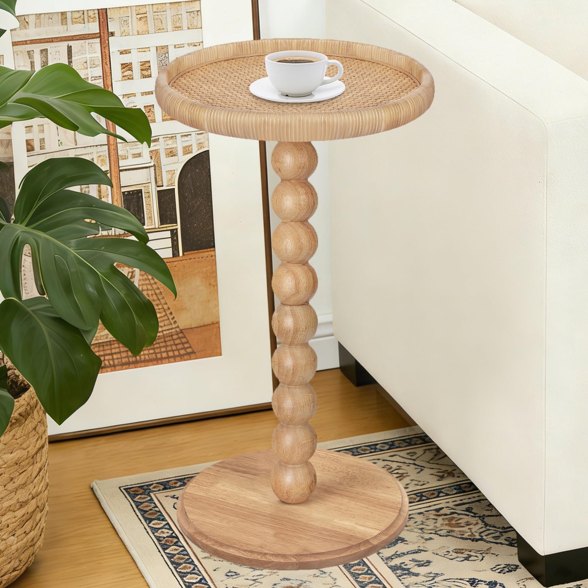 HTQXS Boho rattan small round side table solid wood circle end table ...