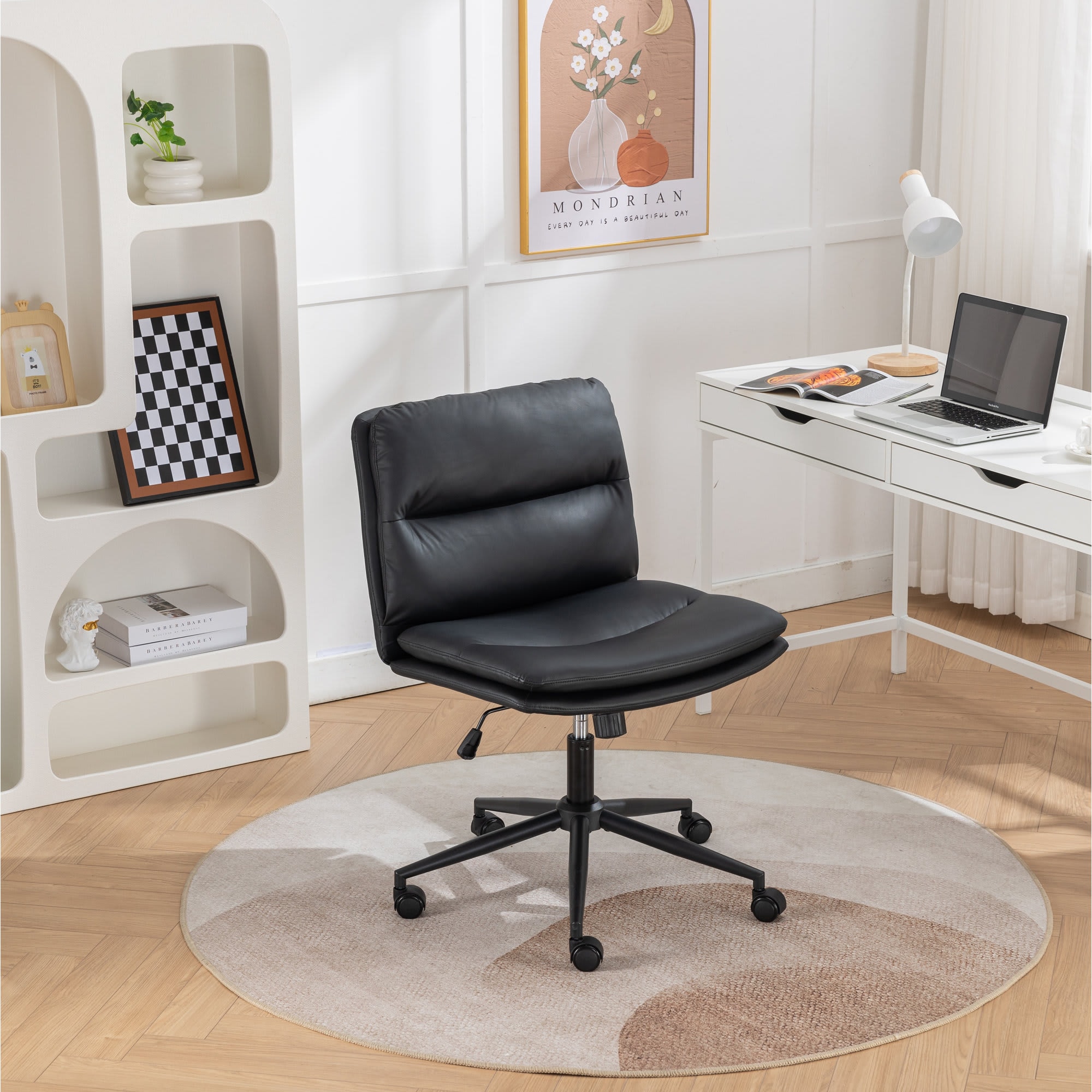 Etokfoks  Adjustable Swivel Criss Cross Chair Wide Seat Height Adjustable Office Vanity Chair 360 Degree Swivel PU Leather Black 24.5W x 25.5D x 34.5 37.5H