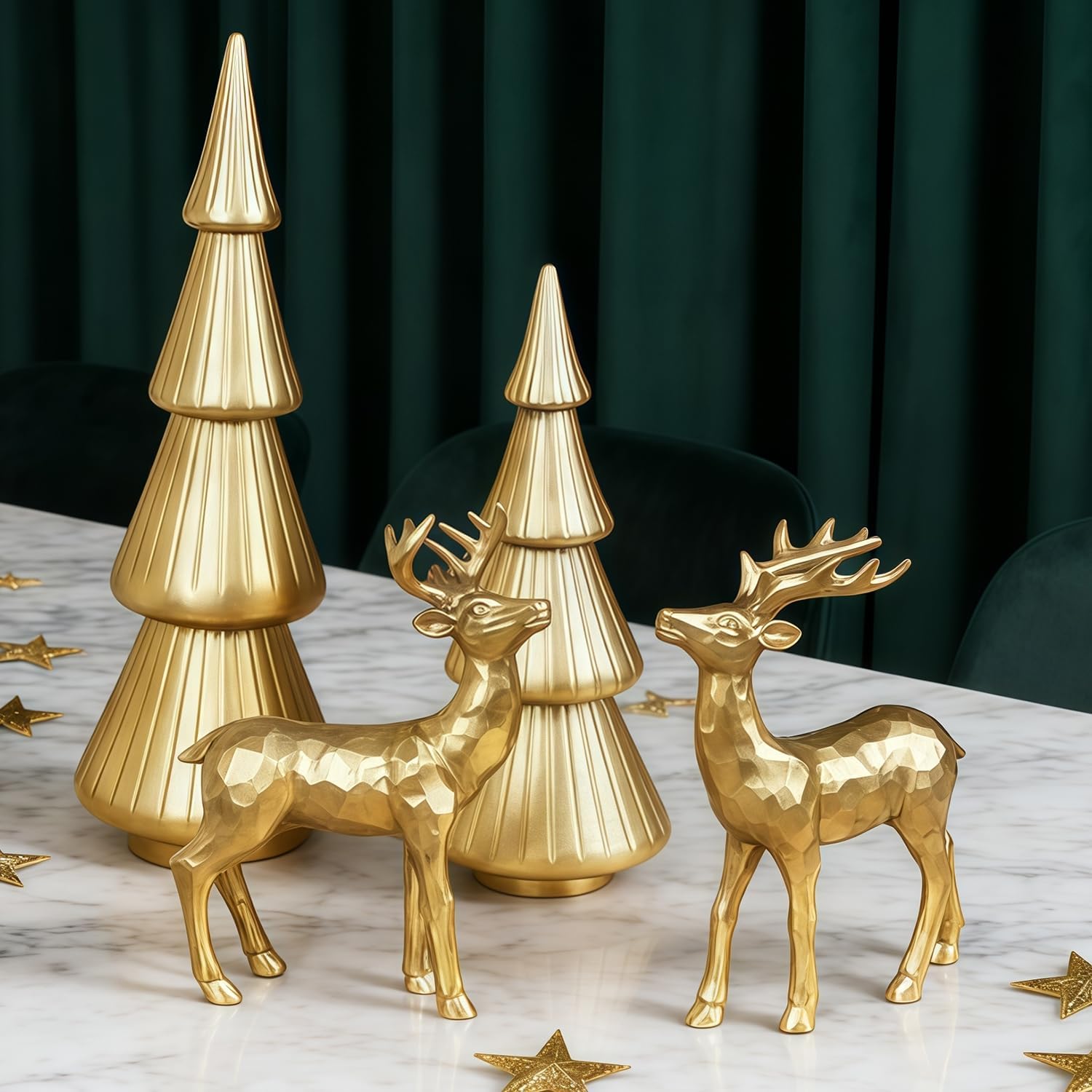 ZHANYIGY Set of 4 Christmas Table Decorations  2 Xmas Trees 2 Reindeer  Vintage Resin Golden Christmas Figurines for Dinner Party Supply  Tabletop Ornament Winter Mantle Fireplace Shelf Centerpieces