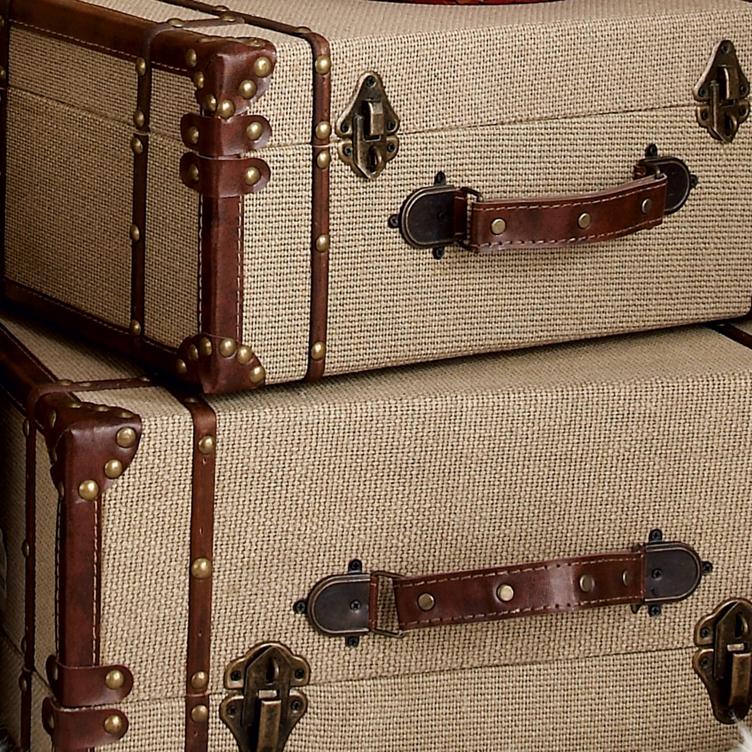 Beige Burlap and Leather Vintage Trunk Set, 2 Pieces