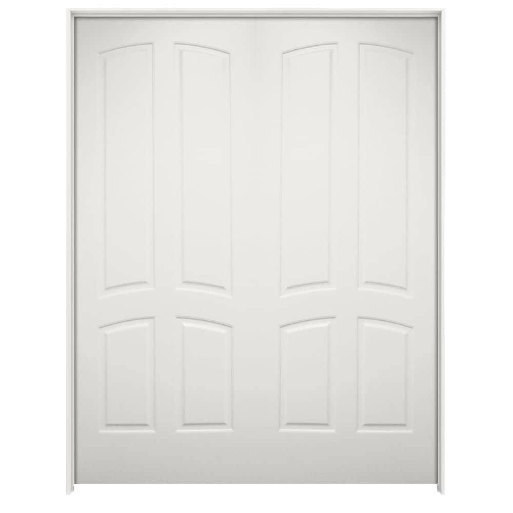 American Building Supply LO966715 72-in x 80-in Snow Storm Solid core 4-panel arch top Reversible/Universal Smooth Prefinished MDF Flat Jamb Double Prehung Interior Door