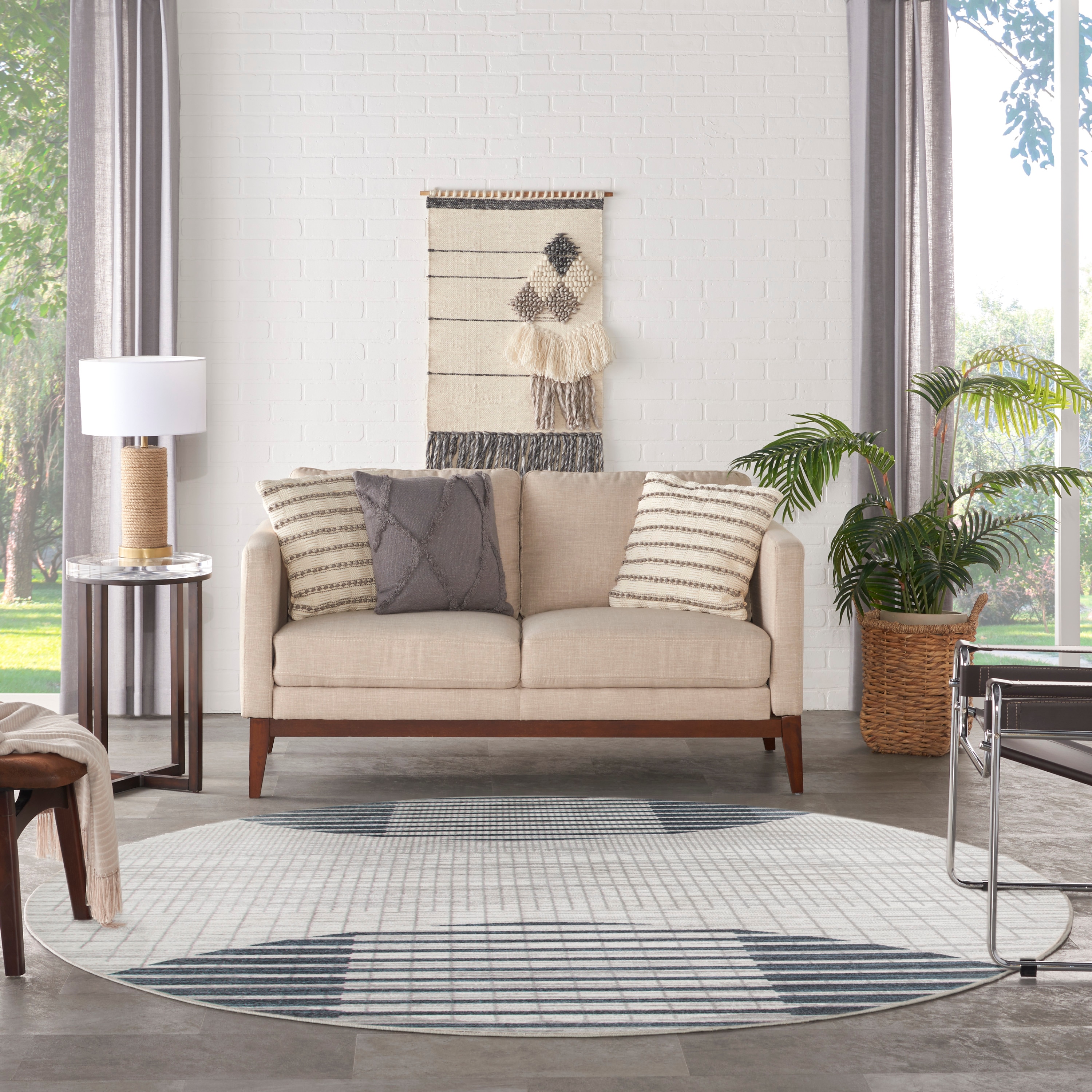 Astra Blue and Ivory Round Geometric Washable Rug 5'3"