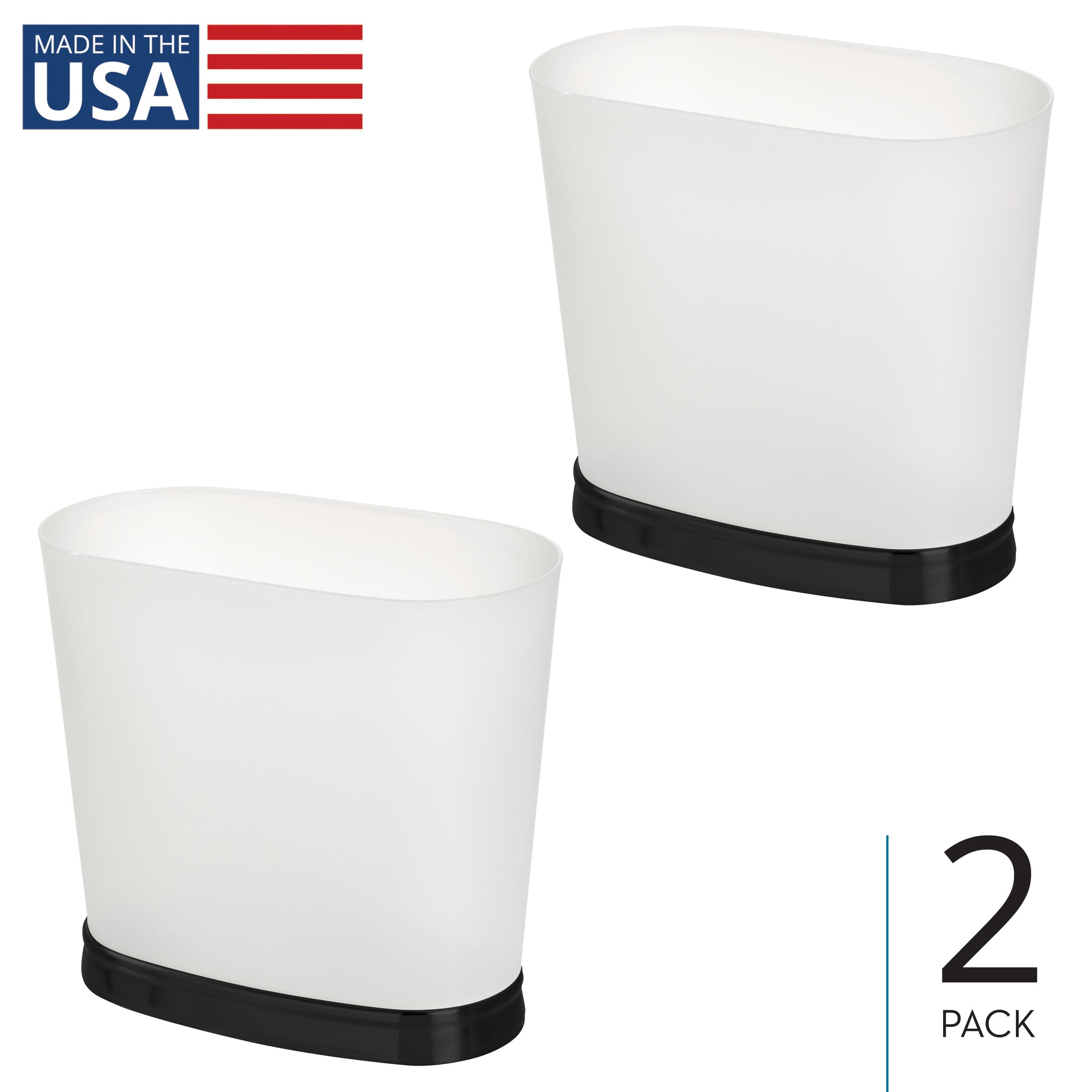 iDesign 29412M2 Small Oval Bathroom Trash Can - Set of 2 - Frost/Matte Black - Made in USA