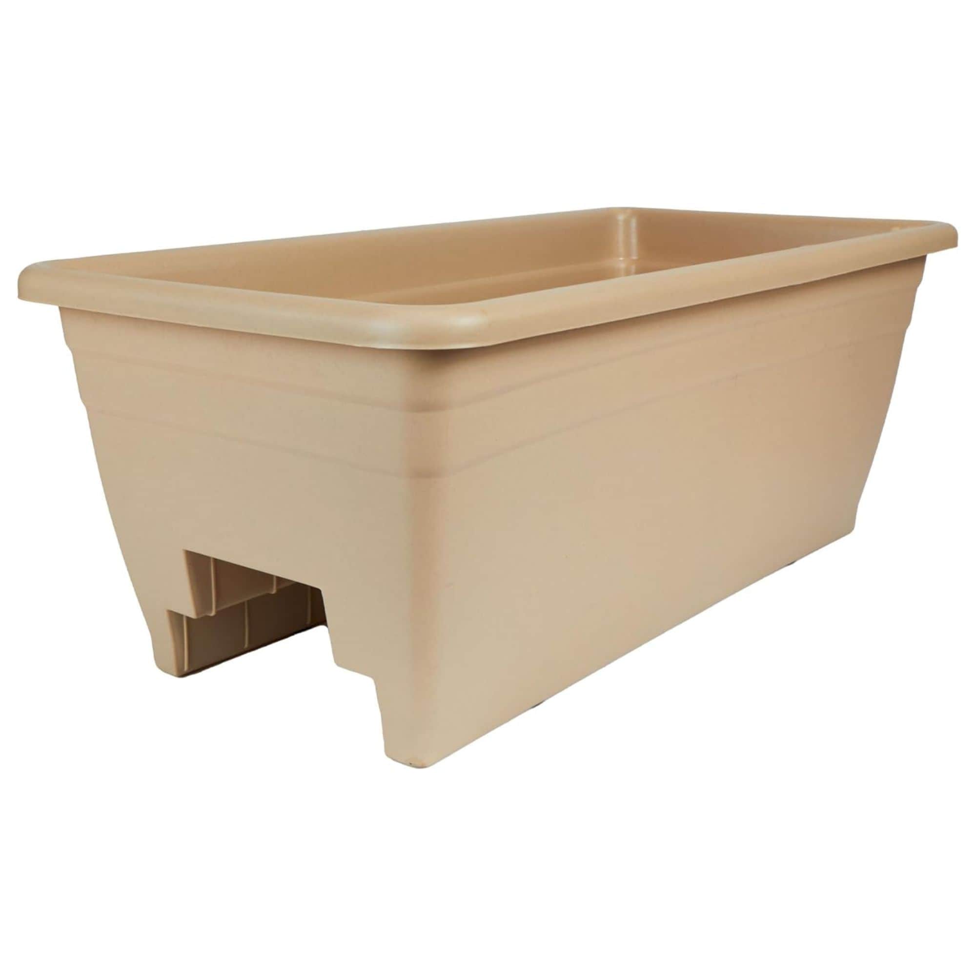 The HC Companies 416739 Deck Railing Planter Box w Removable Drain Plugs Lightweight Weatherproof Plastic Flower Box  Balcony Planters for Railing and Fence (24 Sandstone)