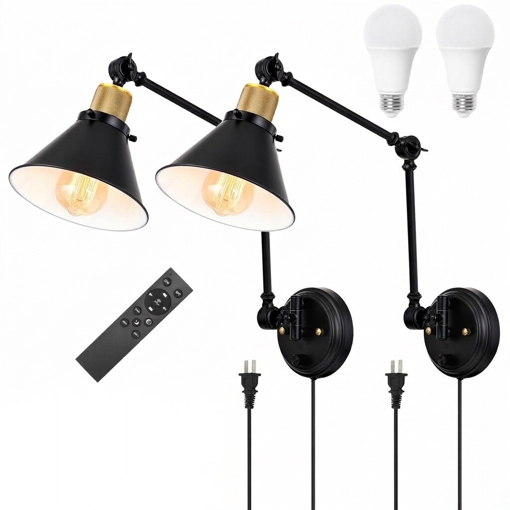 Etokfoks  2 Bulbs Light Black and Brass Plug In LED Wall Lamp with Remote Control Dimmable Color Temp and 6 ft Cord 2 Pack
