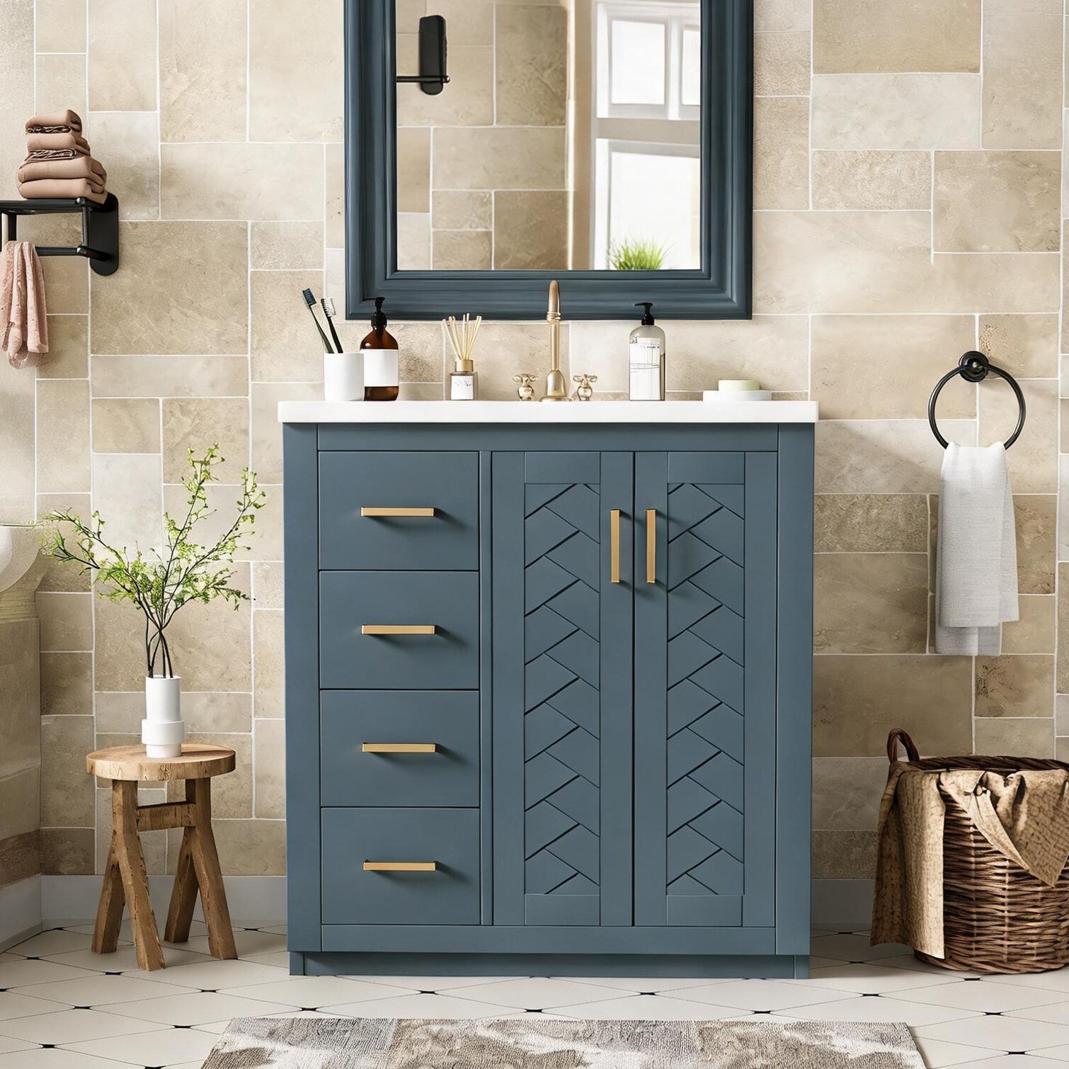 Watnature - Bathroom Vanity with Ceramic Top 30 Inch Deep Blue Modern Freestanding Combo