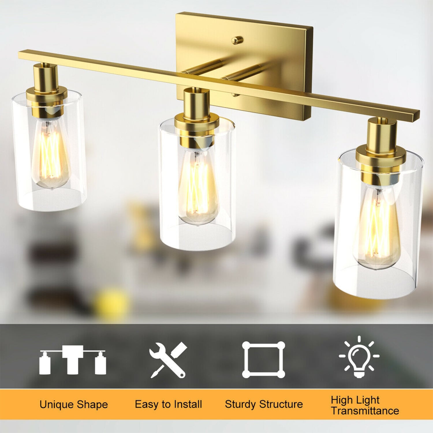 WELLFOR CH Wall Sconces Vanity Lights 24.5-in 3-Light Polished Gold ...