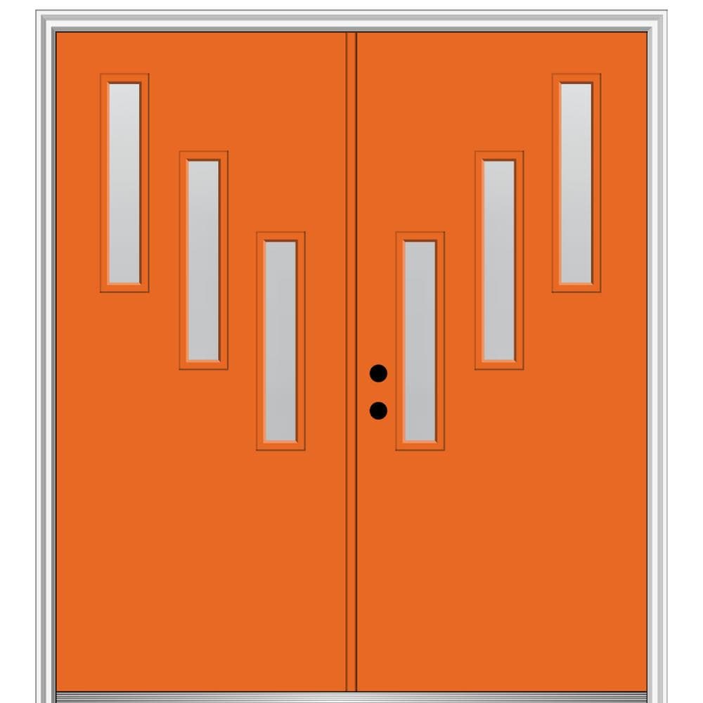MMI DOOR ZZ347939R Spotlights 60-in x 80-in x 4-9/16-in Fiberglass Pulse lite Right-hand inswing Tangerine Painted Prehung Double Front Door with Brickmould Insulating core