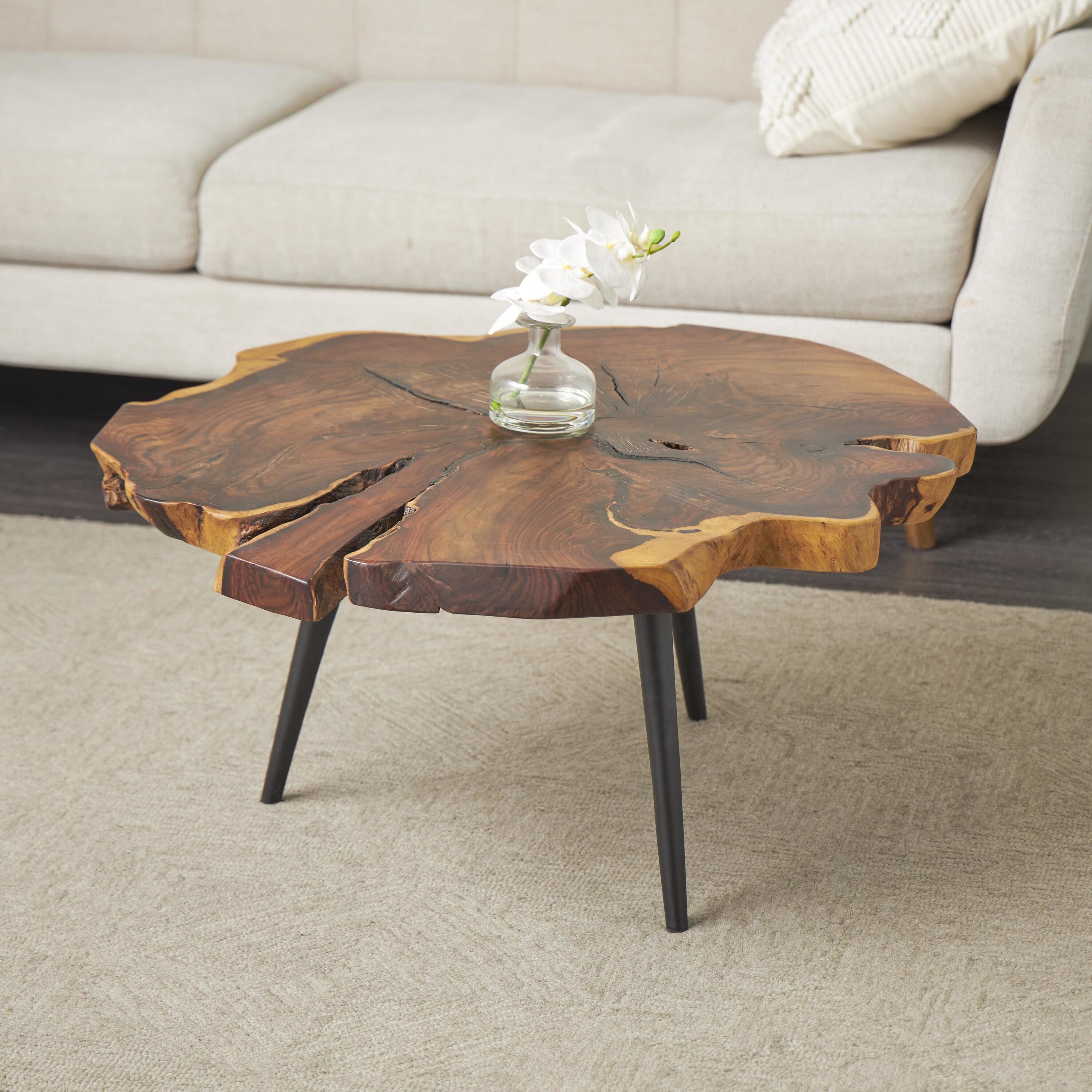 Grayson Lane 66053 16" Handmade Live Edge Top with Black Metal Tripod Legs Pine Wood Casual Coffee Table