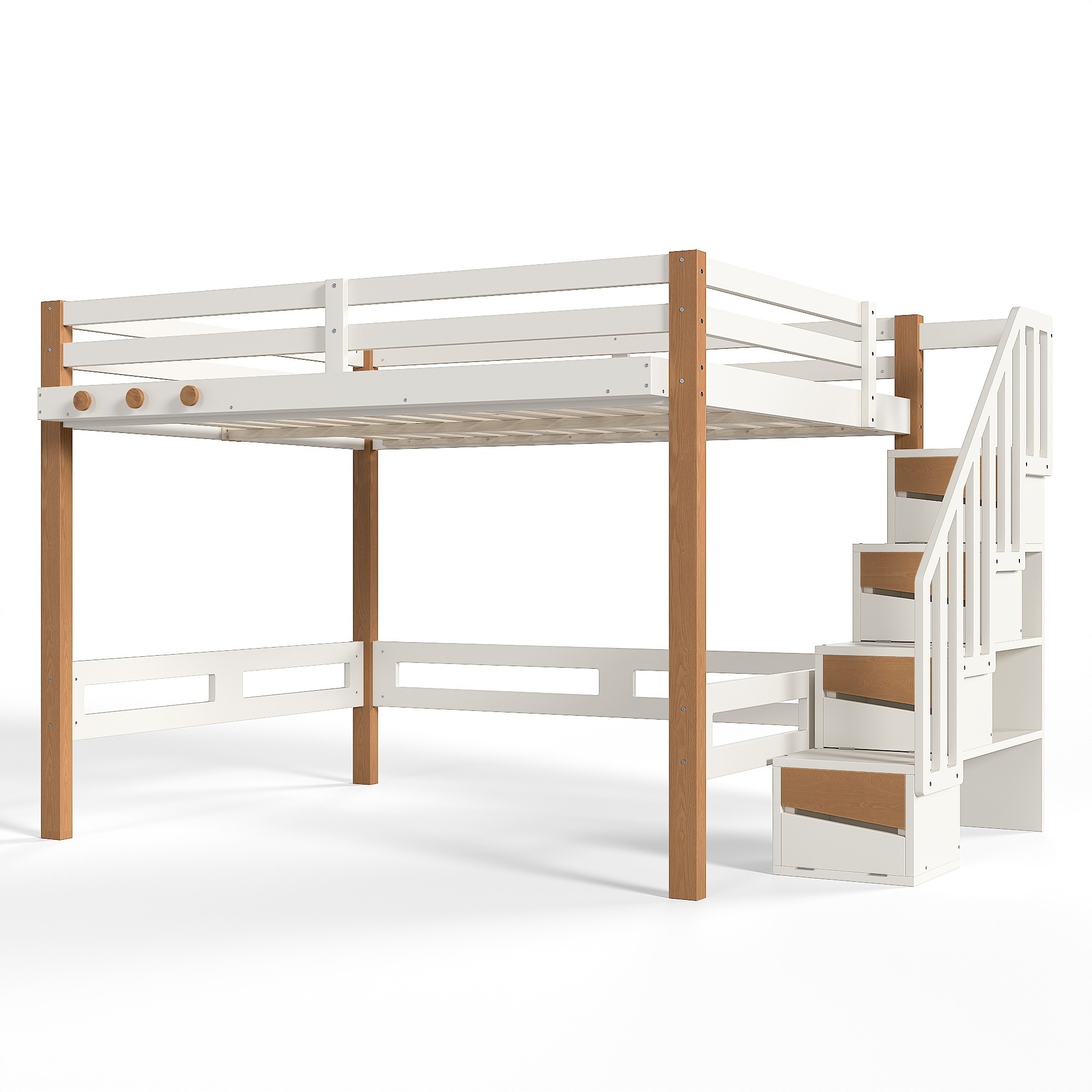 UOI Full Beige and Natural Wood Loft Bed with Clothes Hook and Storage Shelves with Ample Under-Bed Spaces