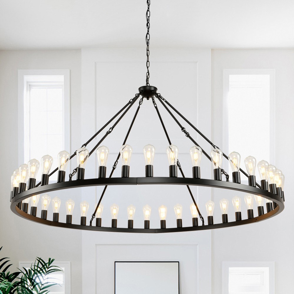 Basdien 64 in Matte Black Extra Large Wagon Wheel Chandelier 42 Light Bulbs Not Included E26 Base Farmhouse Industrial for Dining Room Living Room High Ceiling Adjustable Height 3 Chains Easy Install Home Decor Rustic Large Size