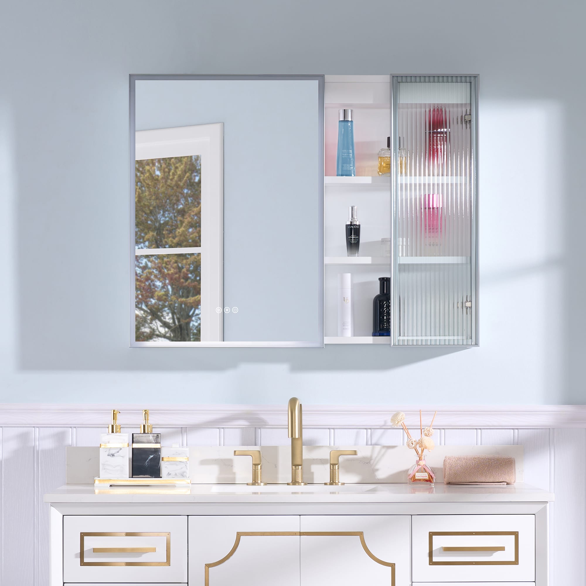 WELLFOR FL36MCL-WT FLORA Solid Wood 36-in x 28-in Lighted LED Surface Mount White Mirrored Rectangle Soft Close Medicine Cabinet