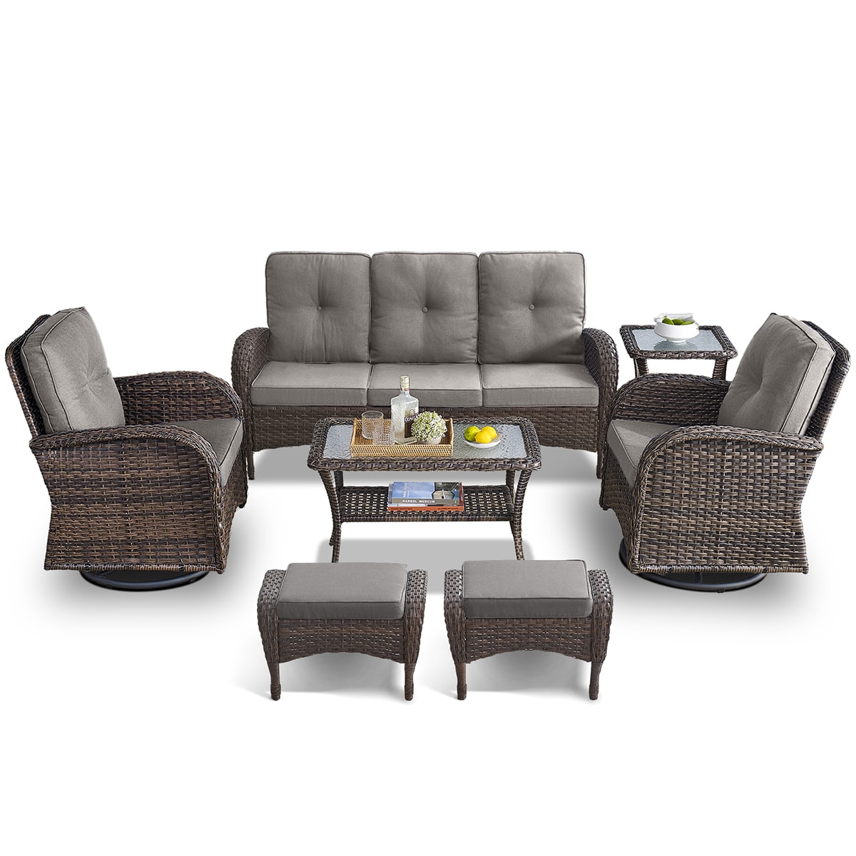 Rilyson FS114116R50085-3 7 -Piece Wicker Patio Sofa Conversation Set with Gray Cushions
