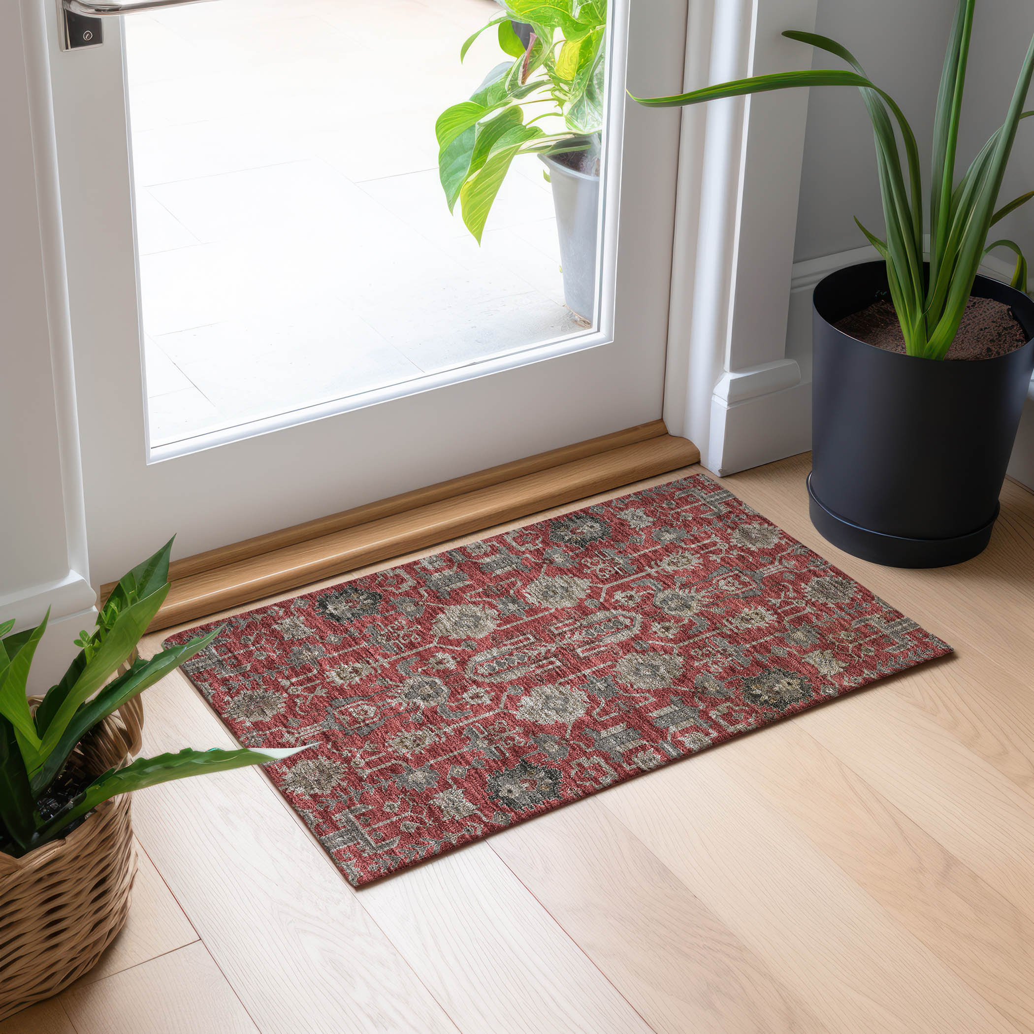 Red and Gray Synthetic Rectangular Washable Area Rug