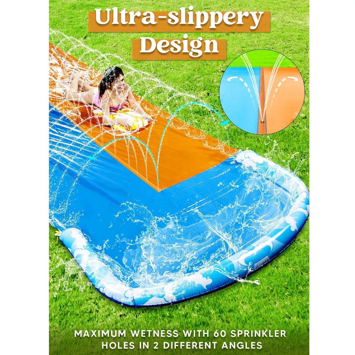 Joyfy 32.5Ft Extra Long Water Slide with 2 Inflatable Boards Heavy Duty Double Waterslide Slip with Sprinkler For Kids and Adults