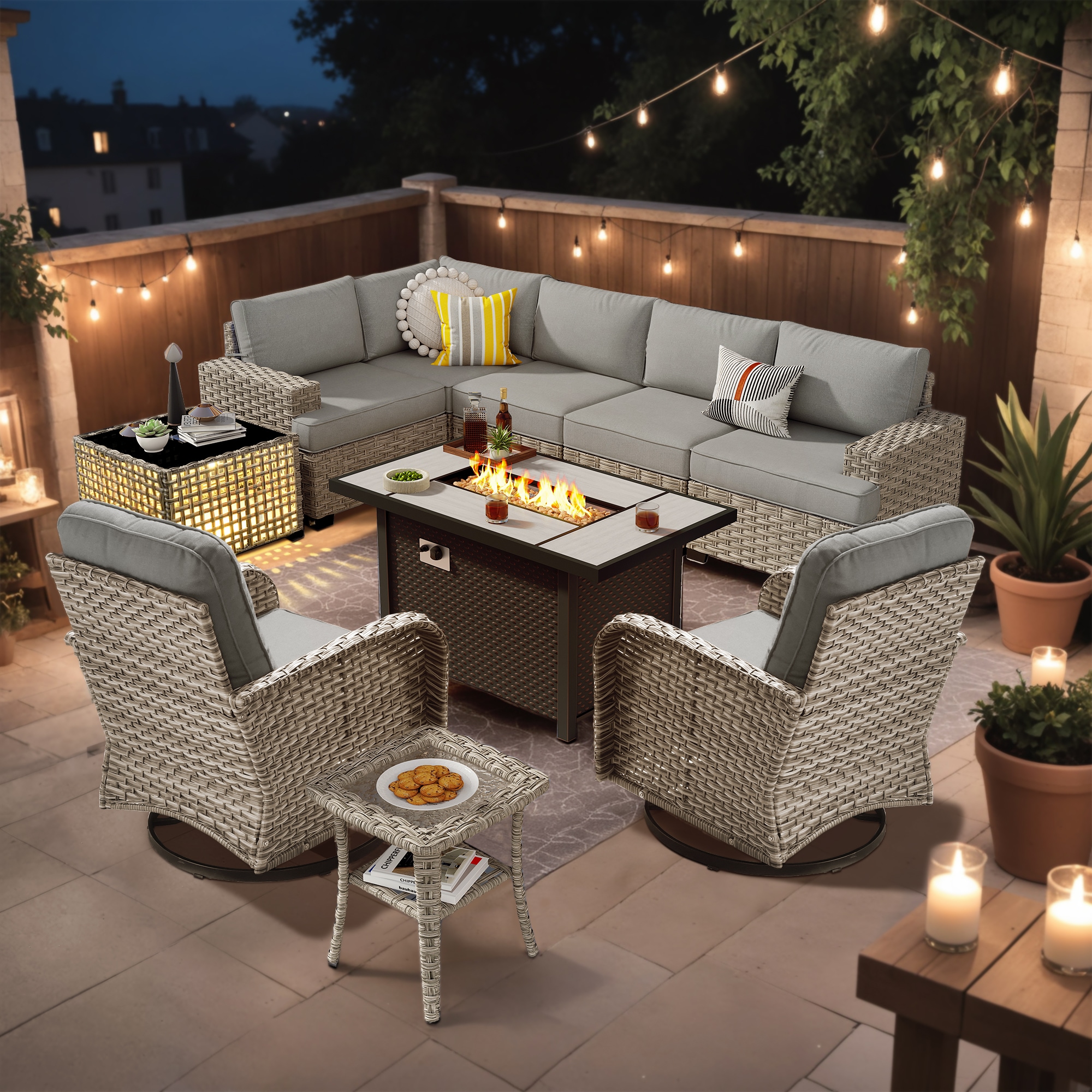 Ovios RFPTS209YV 10 -Piece Rattan Patio Conversation Set with Dark Gray Cushions