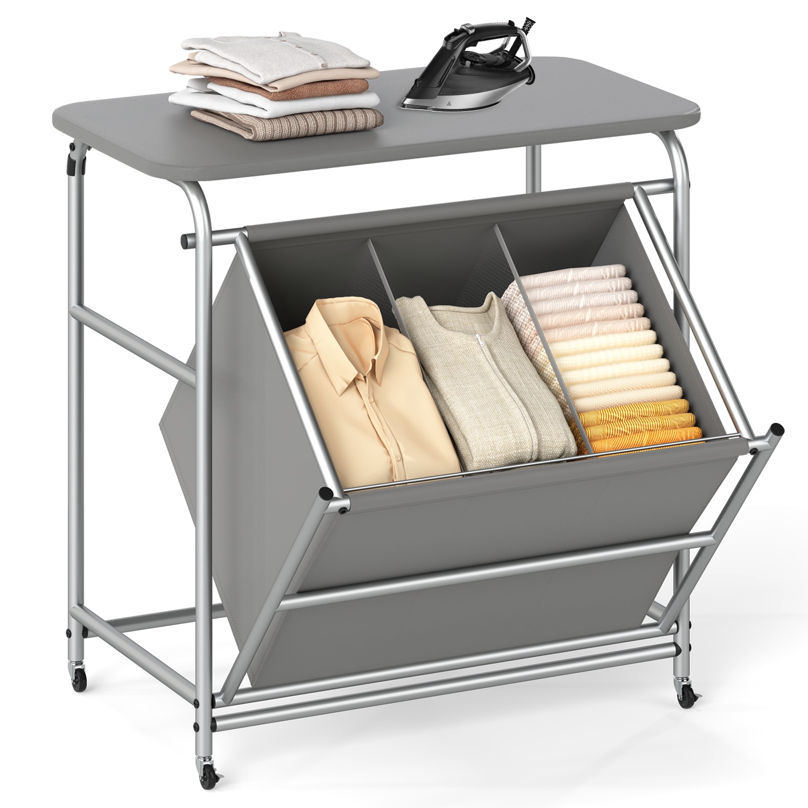 SUGIFT 3-Section Laundry Sorter with Foldable Ironing Board and Lockable Wheels 34-in x 18.5-in x 33-in - Rolling Hamper - Gray