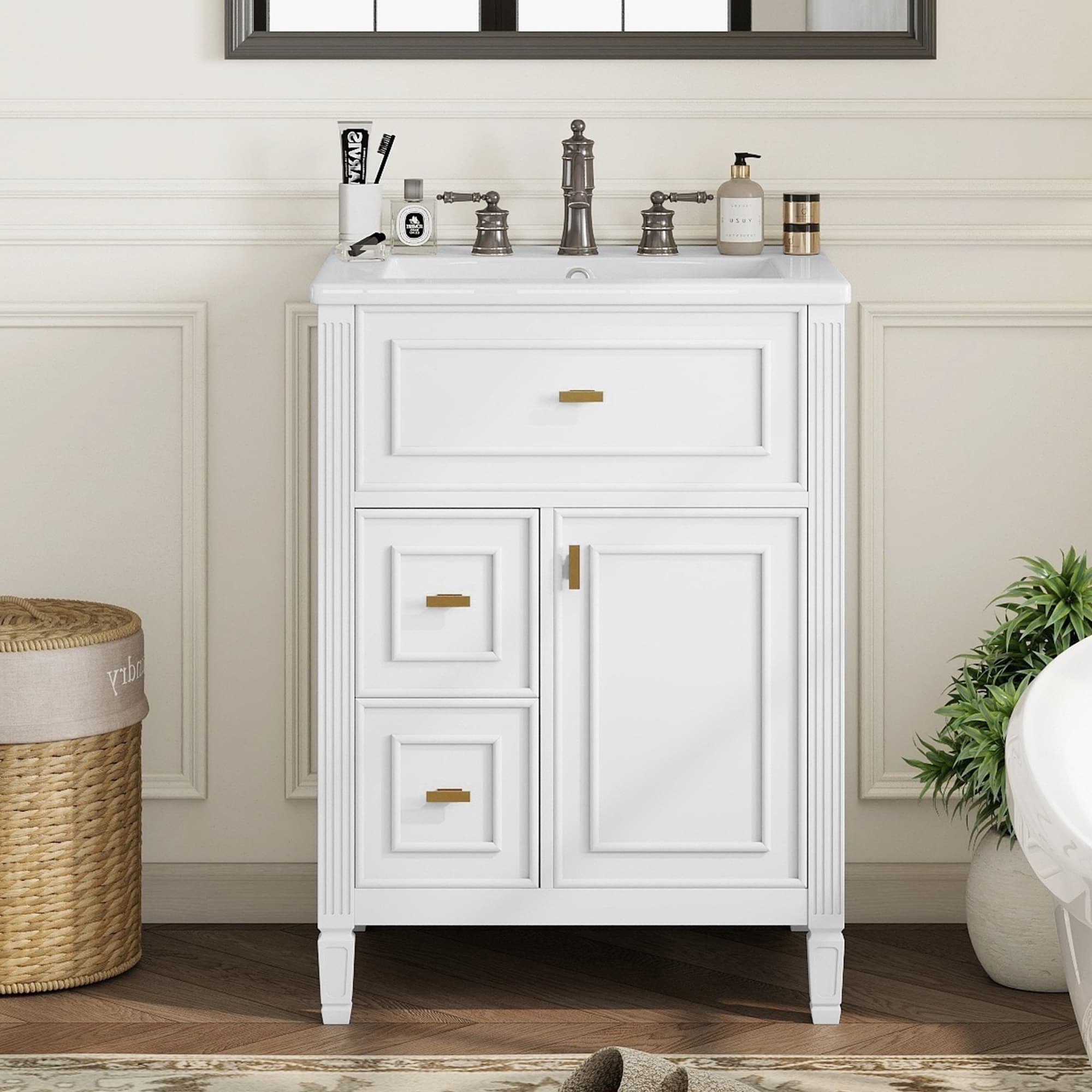Hrinhom Unassembled 24-in White Undermount Single Sink Bathroom Vanity with White Ceramic Top