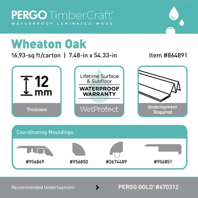 Pergo TimberCraft + WetProtect Wheaton Oak 12-mm Thick Waterproof Wood Plank  7.48-in W x 54.33-in L Laminate Flooring (16.93-sq ft) in the Laminate  Flooring department at Lowes.com