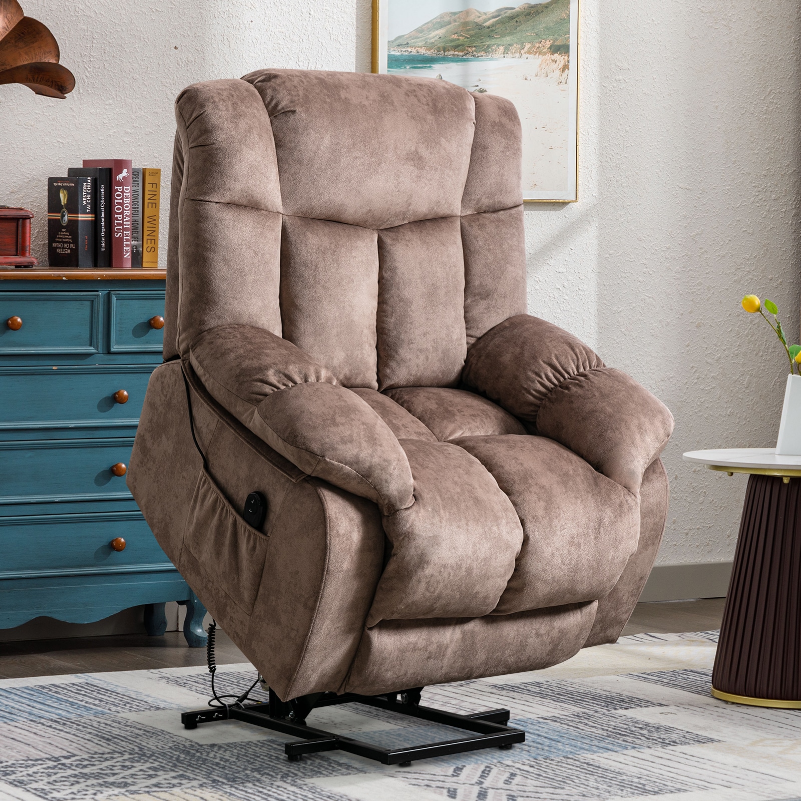 Canmov Power Lift Recliner Camel Velvet Powered Reclining Recliner with  Lift Assistance
