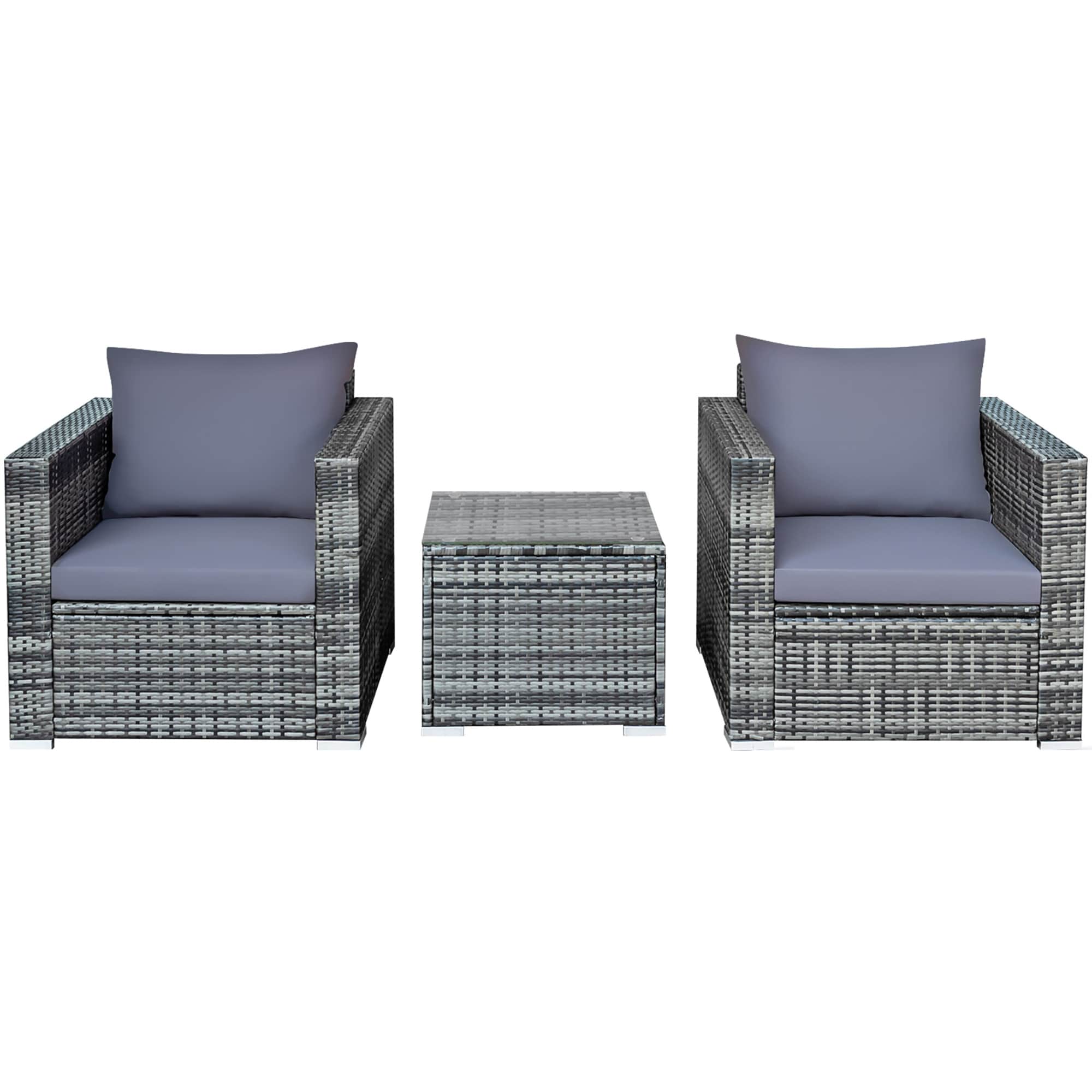 BABOOM BOM-0GR+-CO Outdoor Furniture Set 3 -Piece Rattan Patio Conversation Set with Gray Cushions