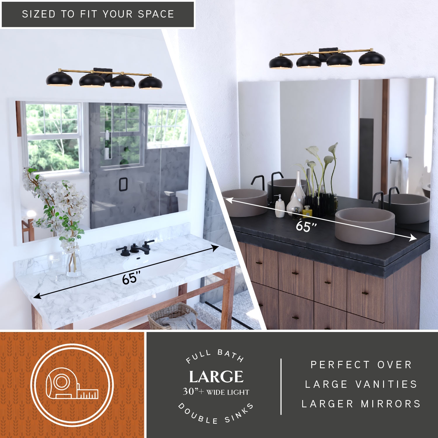 Matte Black and Satin Brass 4-Light Dimmable Vanity Fixture