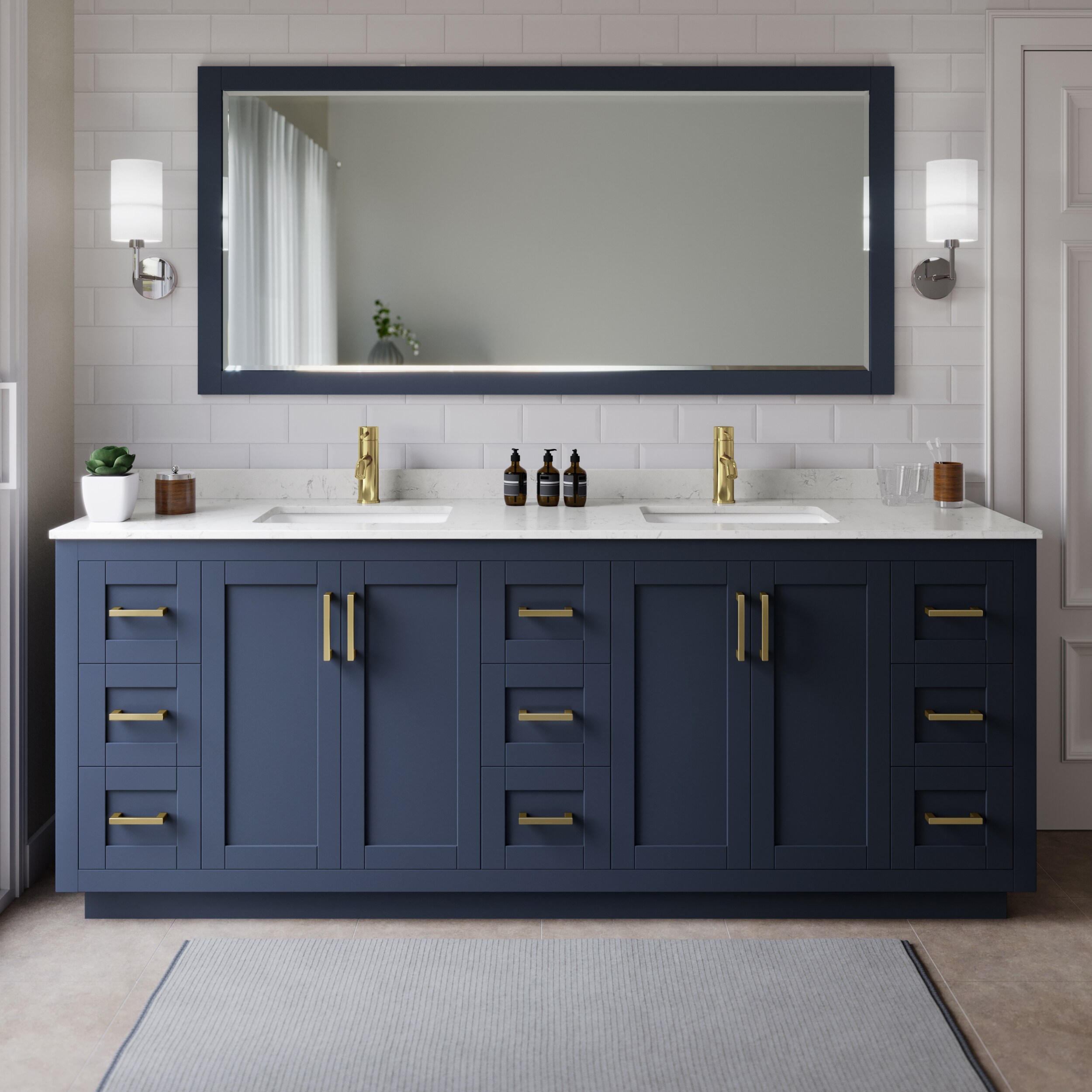 Wyndham Collection WCF292984DBLC2UNSMXX Miranda 84-in Dark Blue with Brushed Gold Trim Undermount Double sink Bathroom Vanity with Carrara Cultured Marble Cultured marble Top