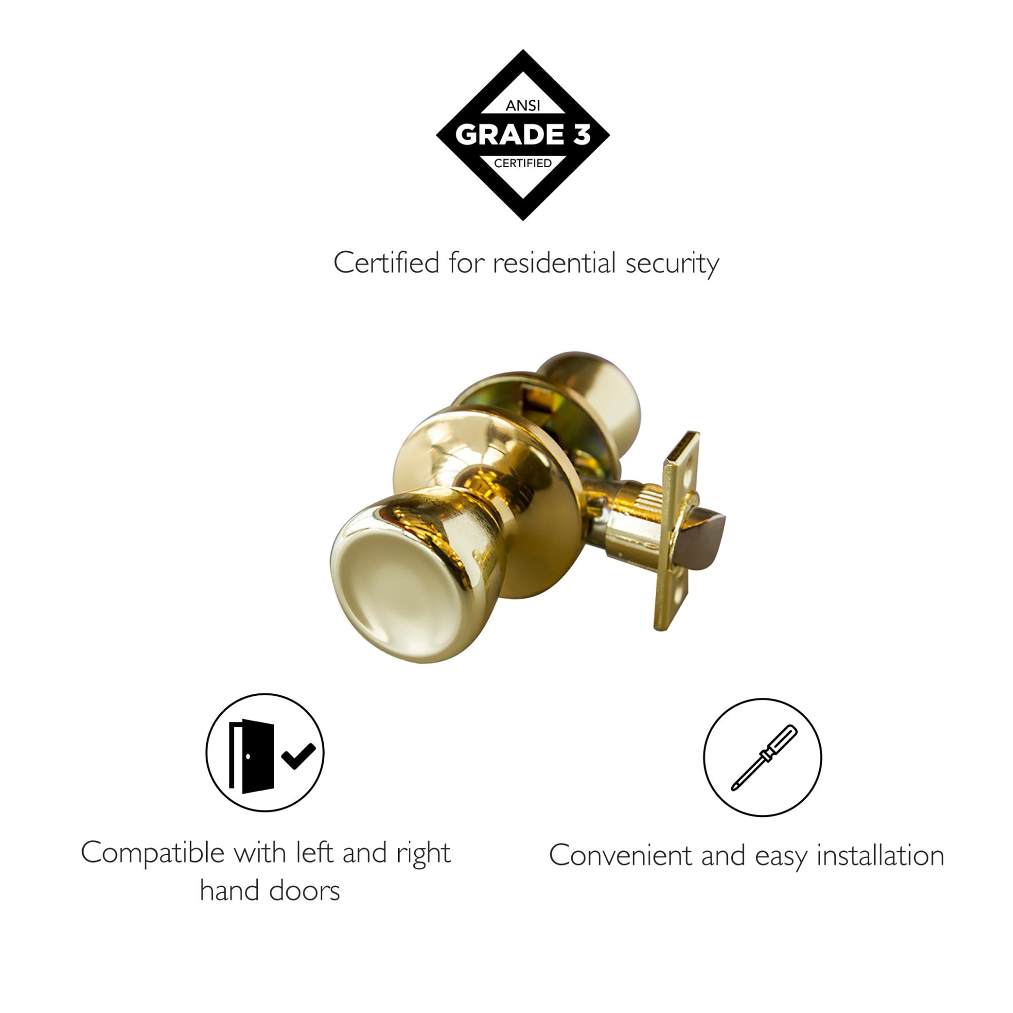 Polished Brass Passage Hall Door Knob with Universal Latch