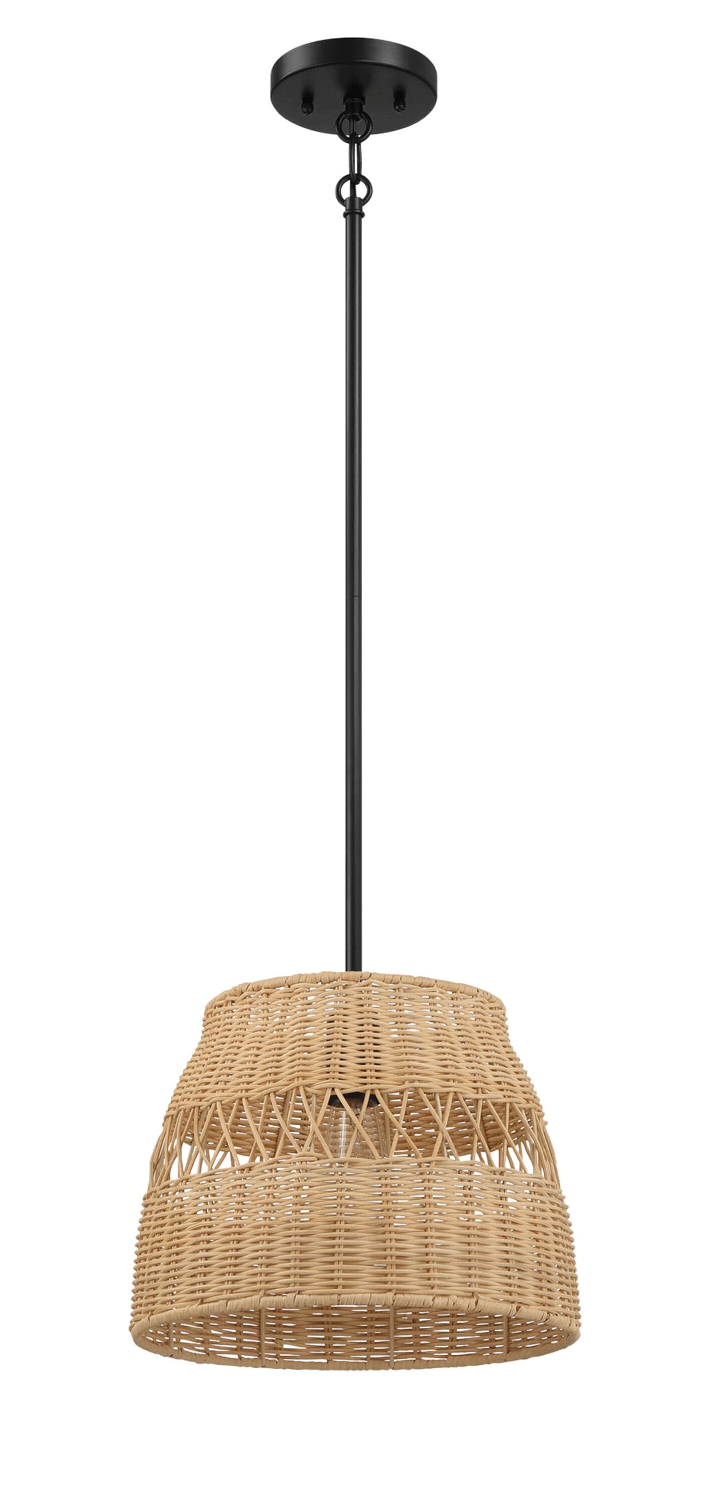 Huluwat Essence Single Lights Pendant With Rattan Shade Black Metal Finish for Farmhouse Style