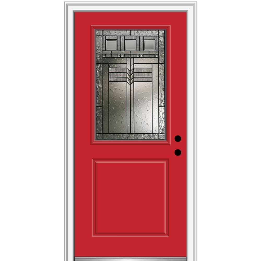 MMI DOOR ZZ3664045L 36-in x 80-in x 4-9/16-in Fiberglass Half lite Left-hand inswing Red Saffron Painted Prehung Front Door with Brickmould Insulating core