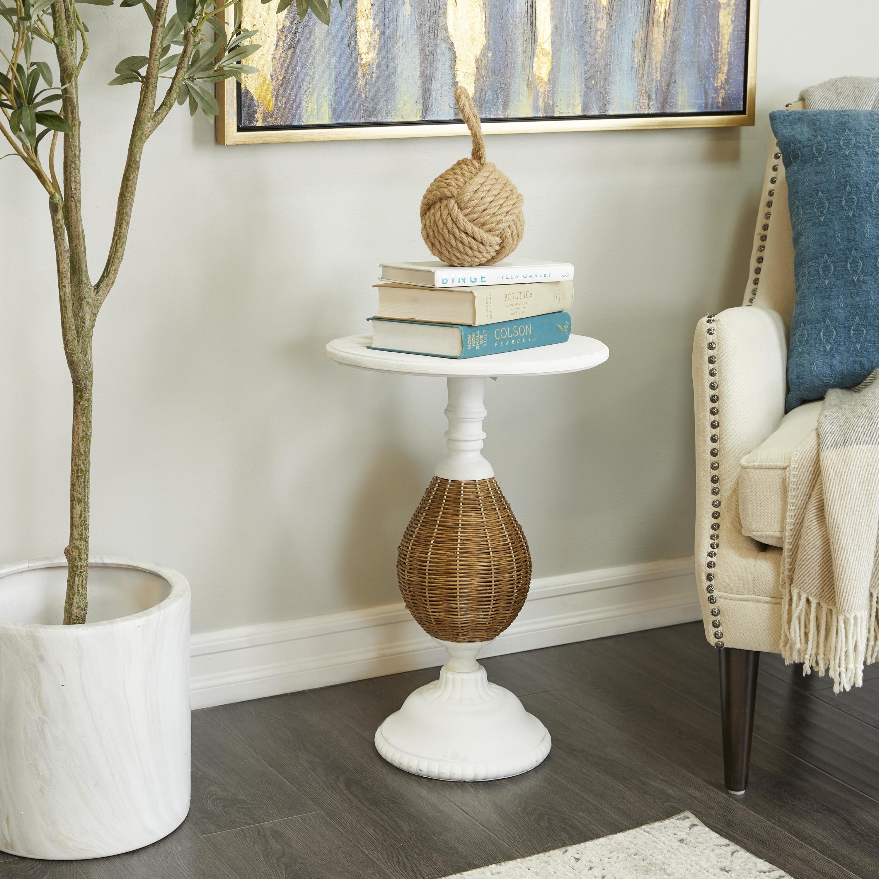 Grayson Lane 98839 15-Inches W x 23-Inches H White with Black Metal and Rattan Base Wood Round Farmhouse End Table
