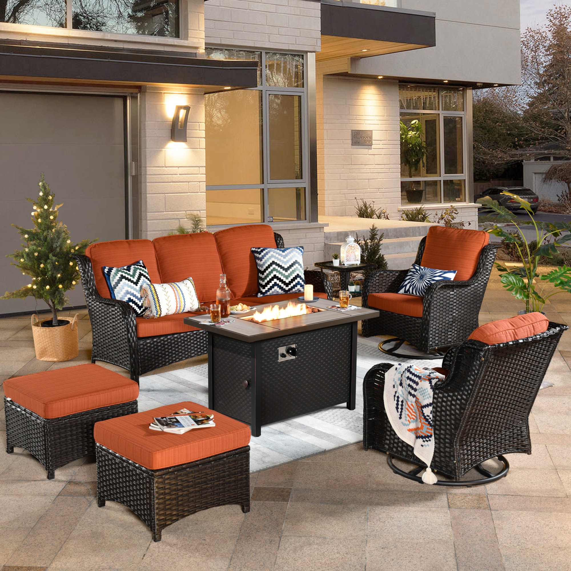 XIZZI XCTRC8174-IFP Vesta 7 -Piece Rattan Patio Sofa Conversation Set with Orange Cushions