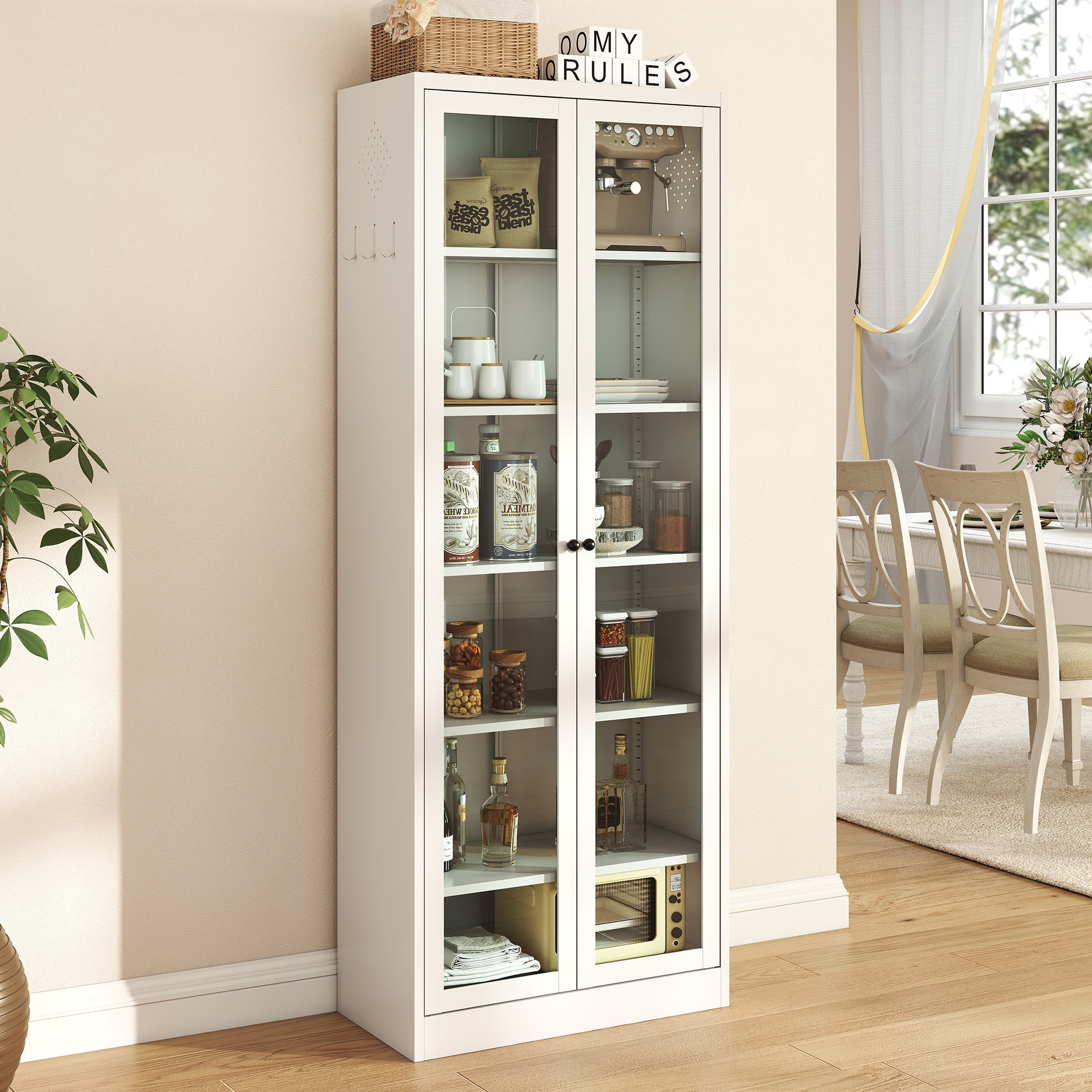 Dexmalle W2735P351636 72 Inch White Freestanding Tall Storage with 5 Adjustable Shelves and Glass Door